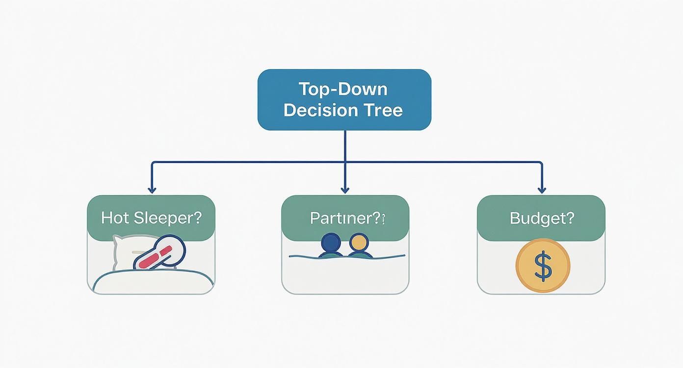 An infographic decision tree helping users choose a mattress based on whether they are a hot sleeper, share a bed, and their budget.