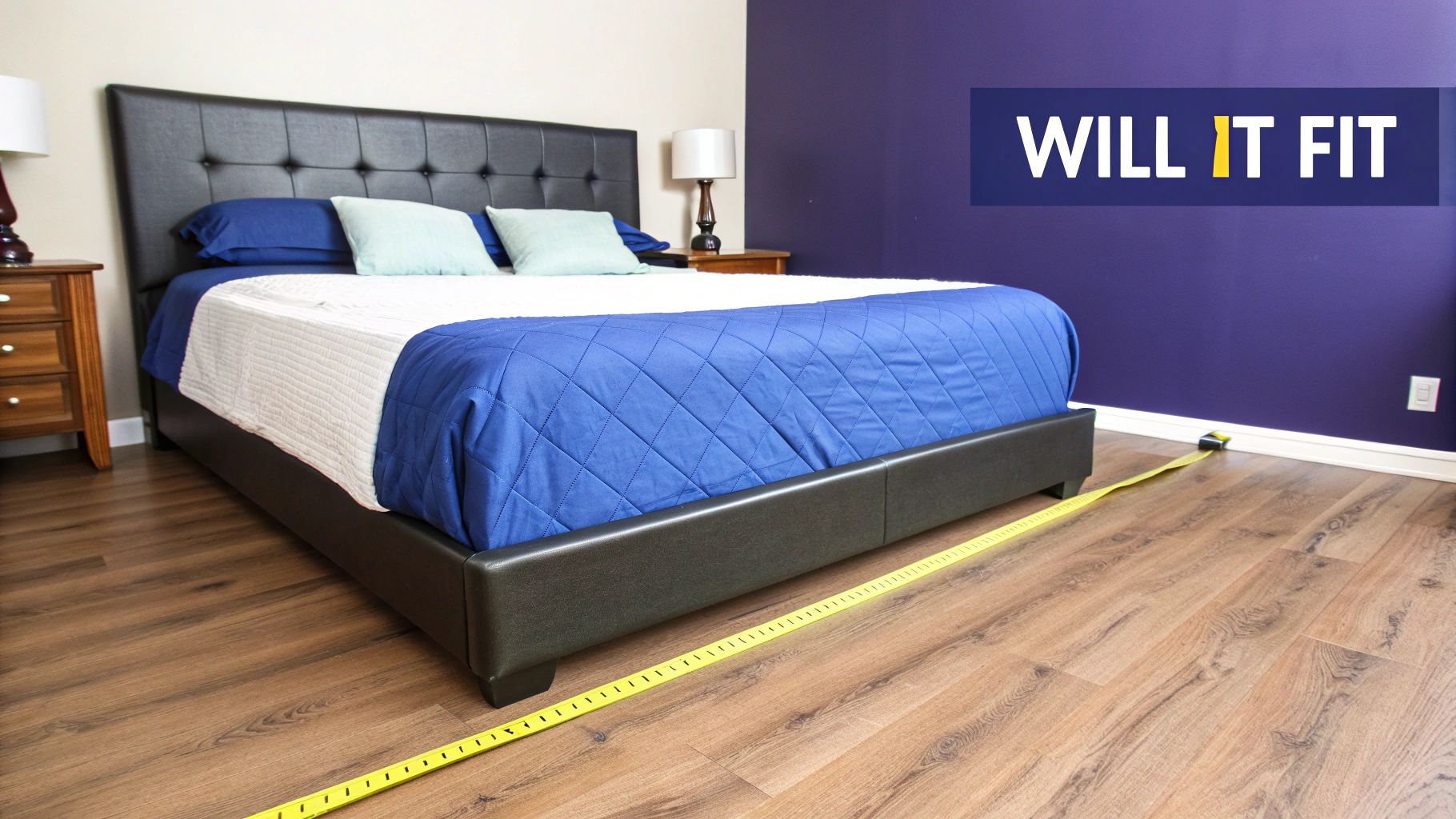 A bedroom featuring a king bed with blue bedding and a measuring tape laid out on the wooden floor.