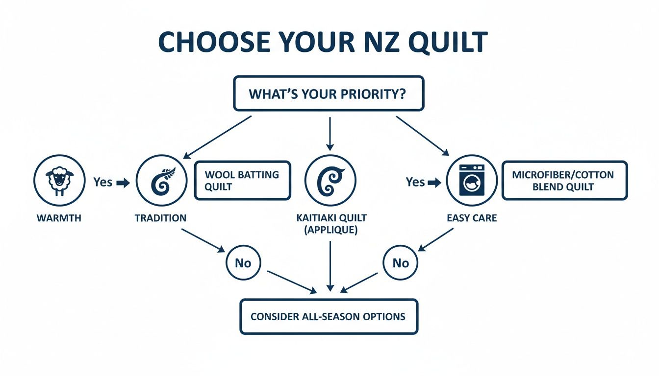 Flowchart guiding users to choose a New Zealand quilt based on warmth, tradition, or easy care.