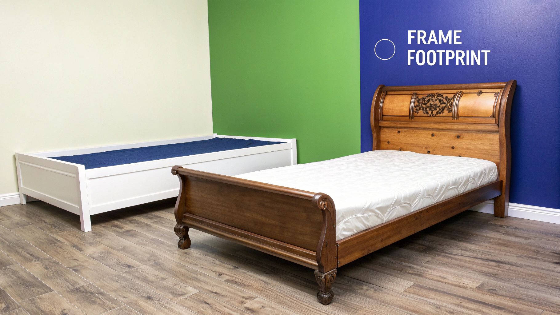 A close-up view of a queen bed frame corner, showing the wooden construction and how it extends beyond the mattress.