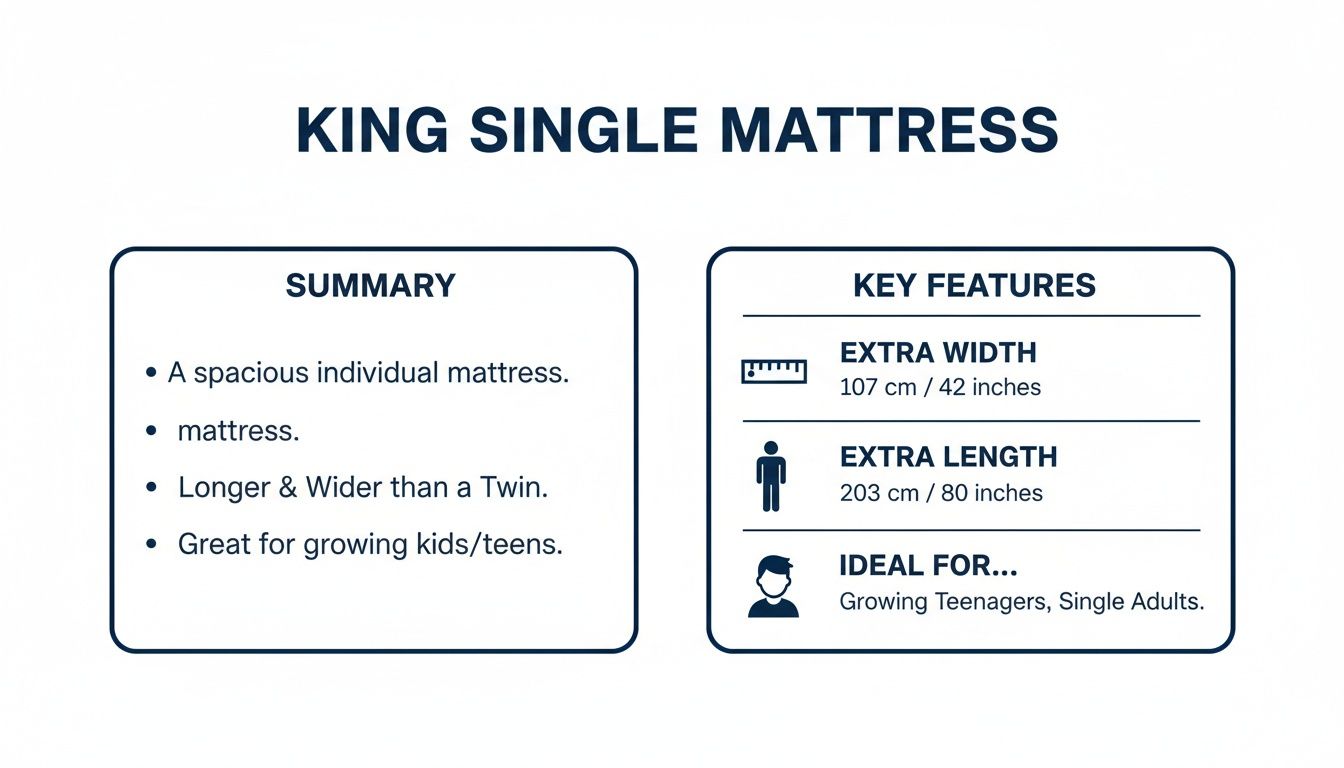 Infographic detailing King Single Mattress dimensions (107 cm wide, 203 cm long) and benefits for growing teenagers and single adults.