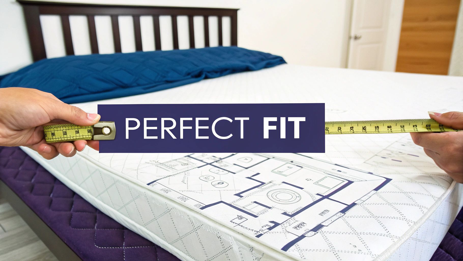 Hands measuring a mattress with a tape measure to ensure a perfect fit for a bed frame.