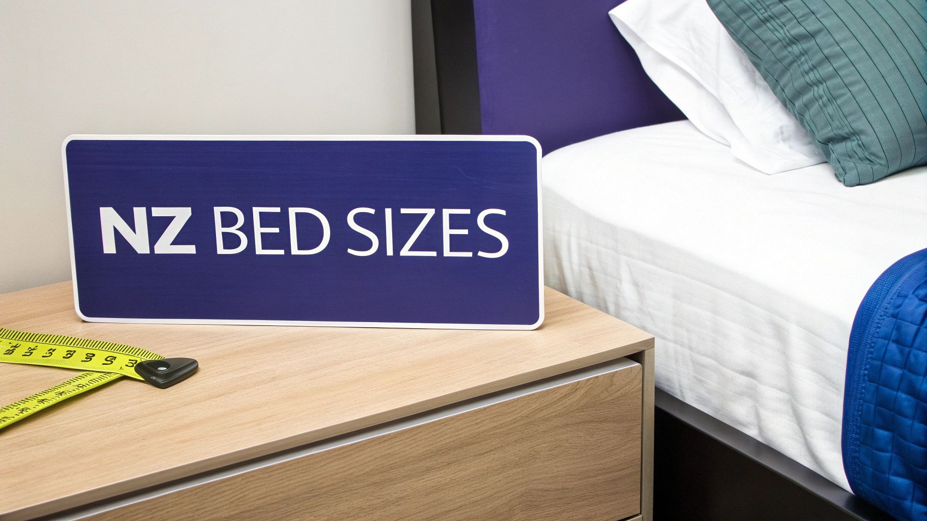 Blue sign displaying 'NZ BED SIZES' on a wooden nightstand with a measuring tape.