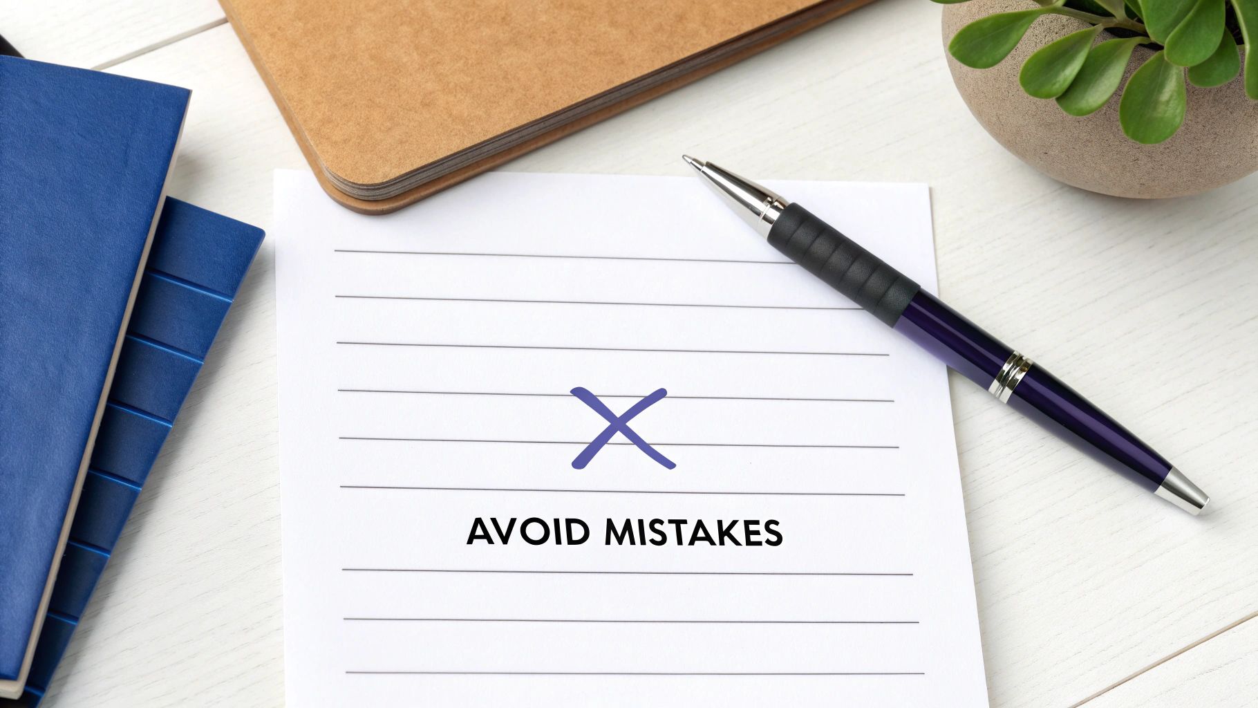 Avoid mistakes written on lined paper with pen and notebooks on white desk