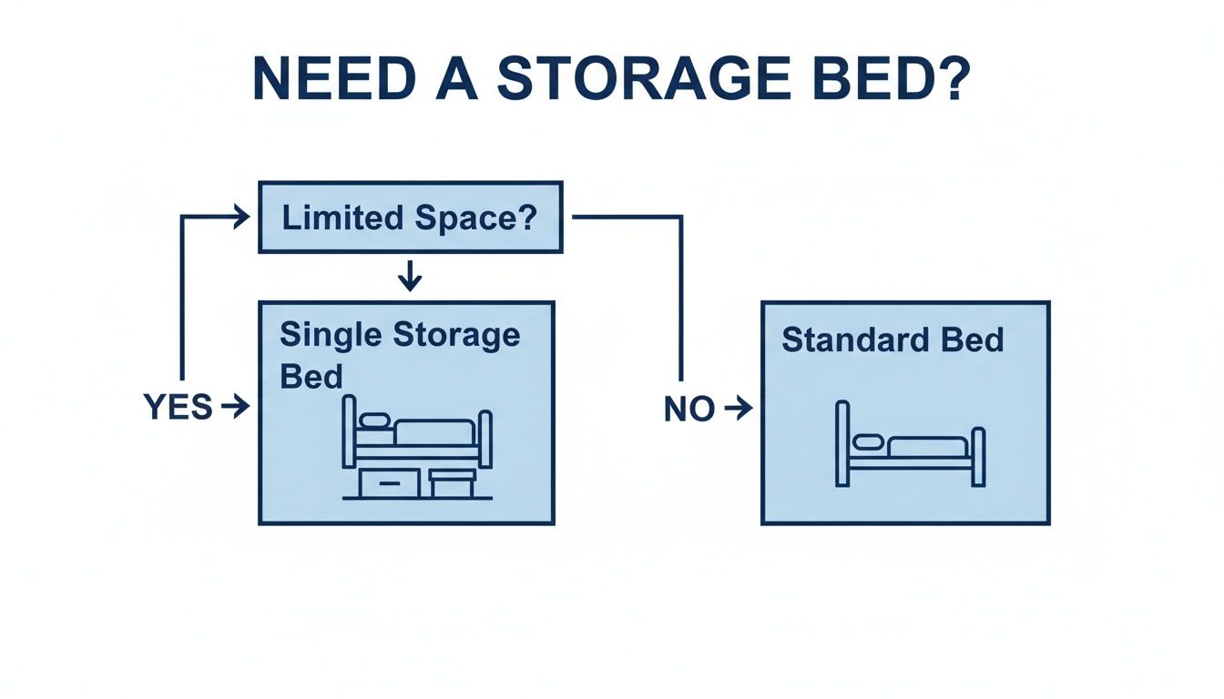 Flowchart guiding the decision between a single storage bed and a standard bed based on limited space.