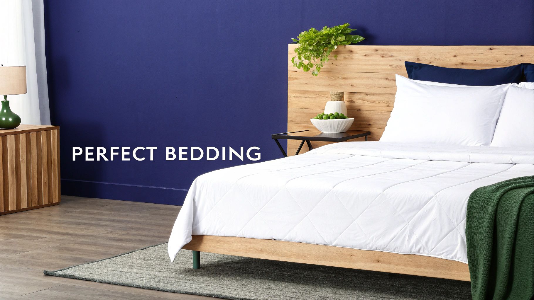A stylish queen bed with white bedding, a wooden headboard, and a blue wall in a modern bedroom.