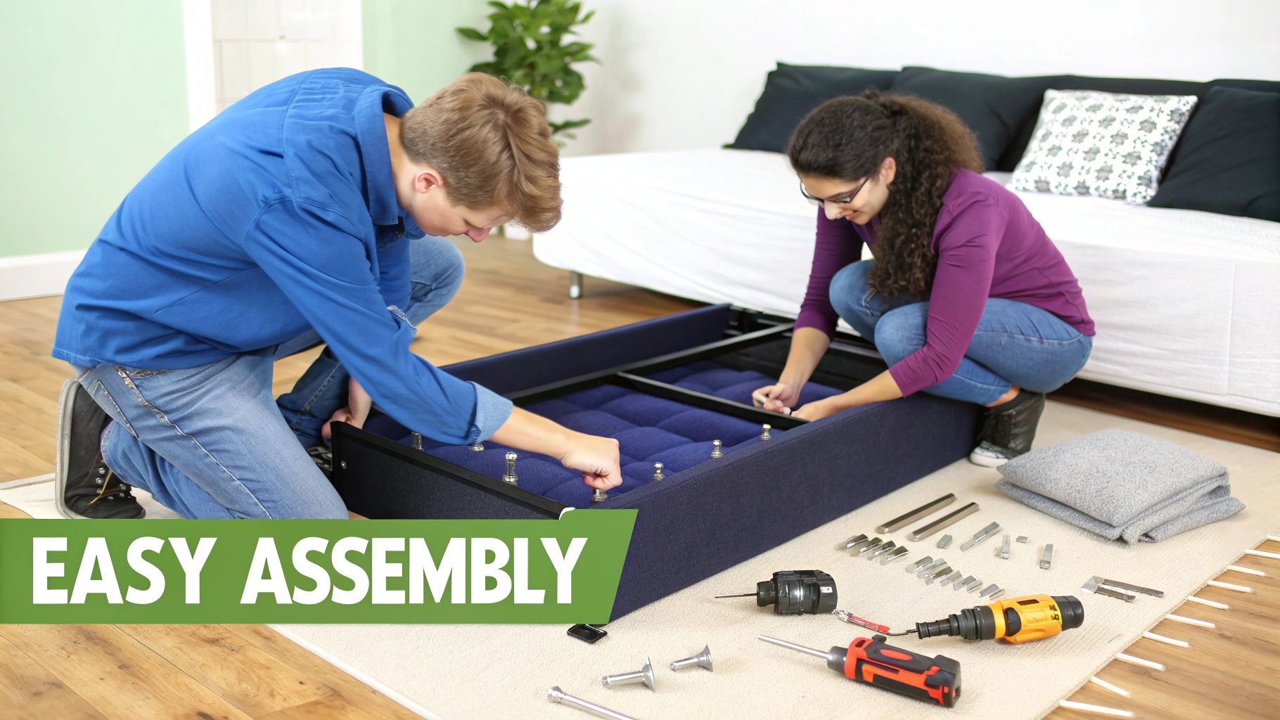 A person assembling a wooden double bed base with storage in a bright bedroom.