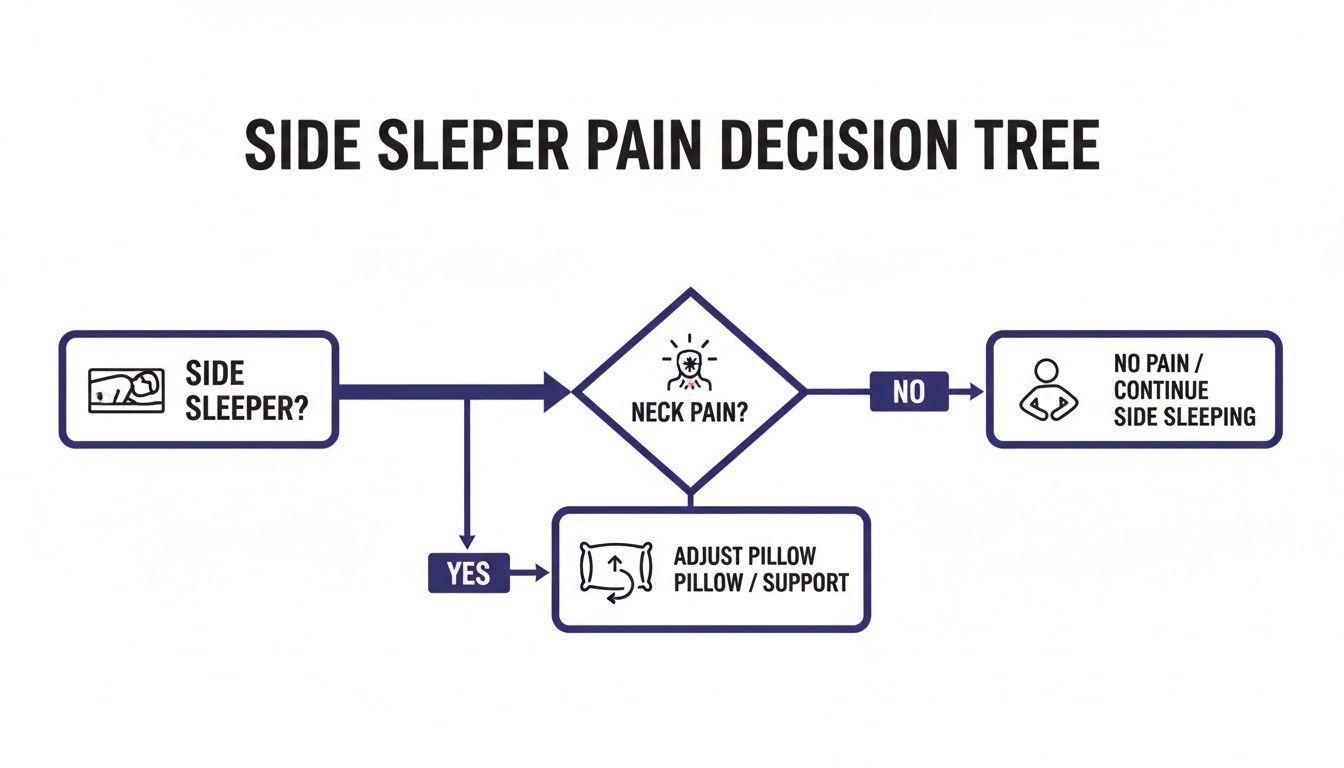 Decision tree for side sleepers, guiding pillow adjustment based on neck pain presence.