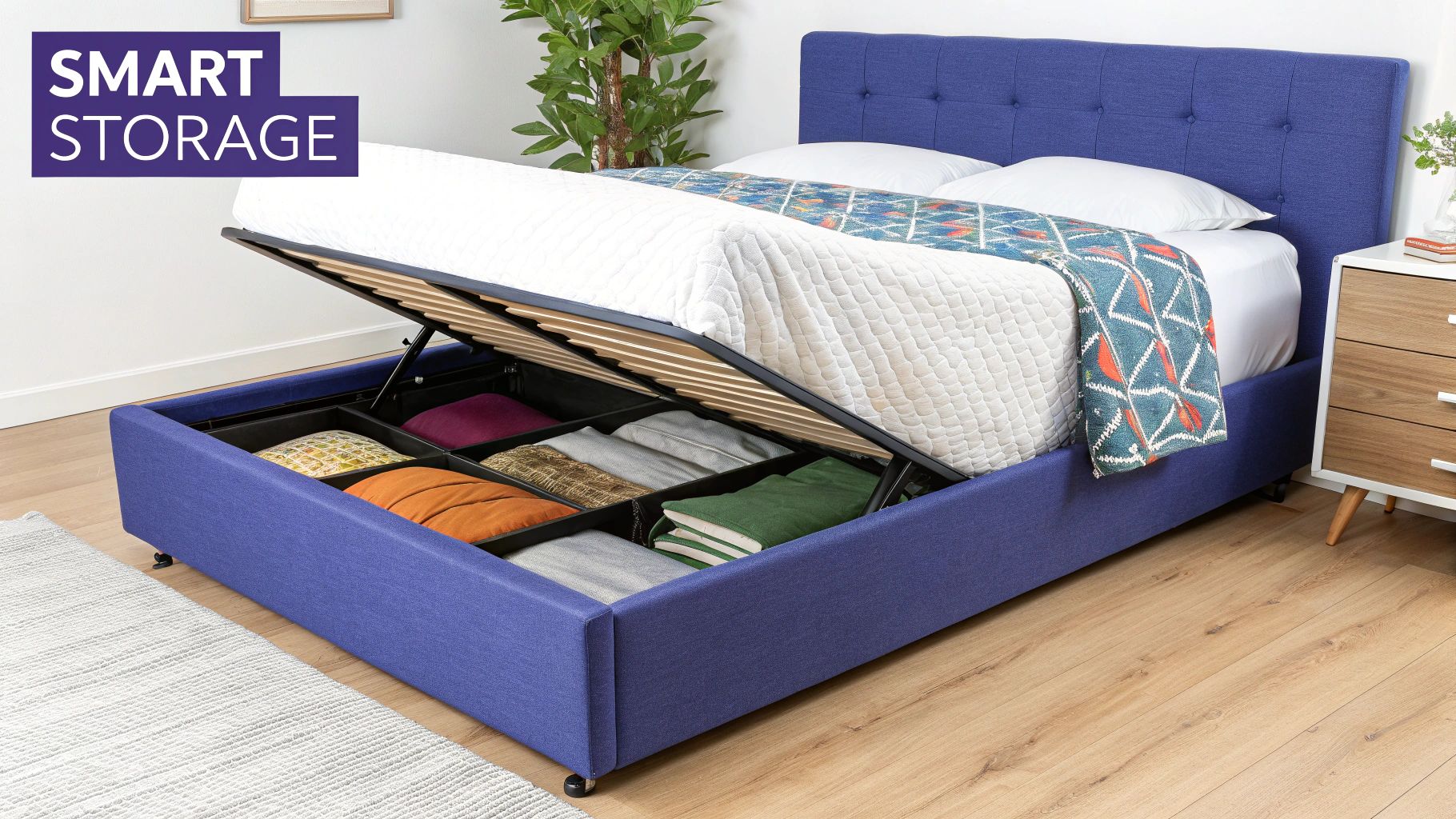 Blue upholstered queen size bed frame with lift-up storage revealing neatly organized items underneath.