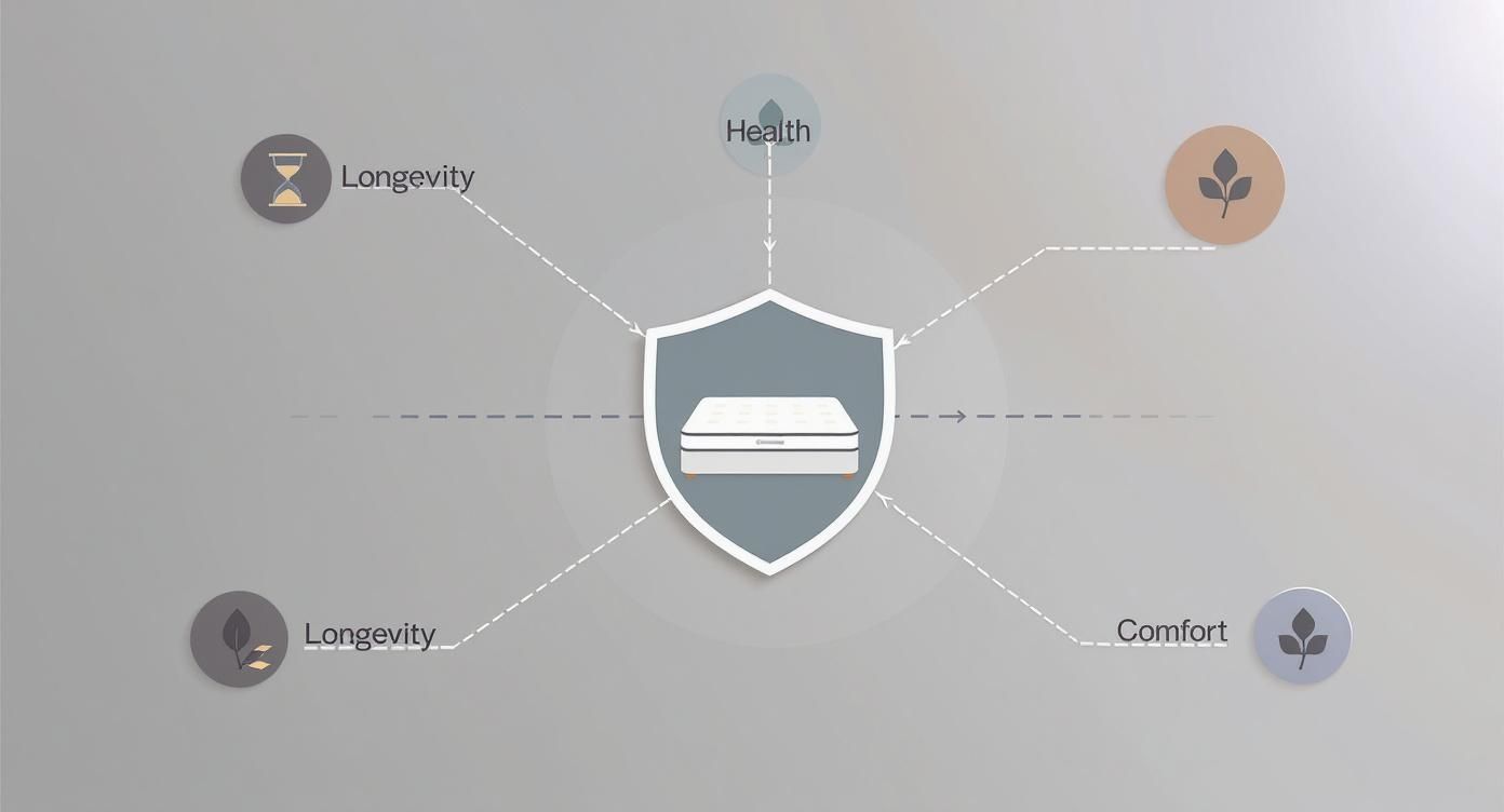 A diagram illustrating the health, comfort, and longevity benefits provided by a mattress.