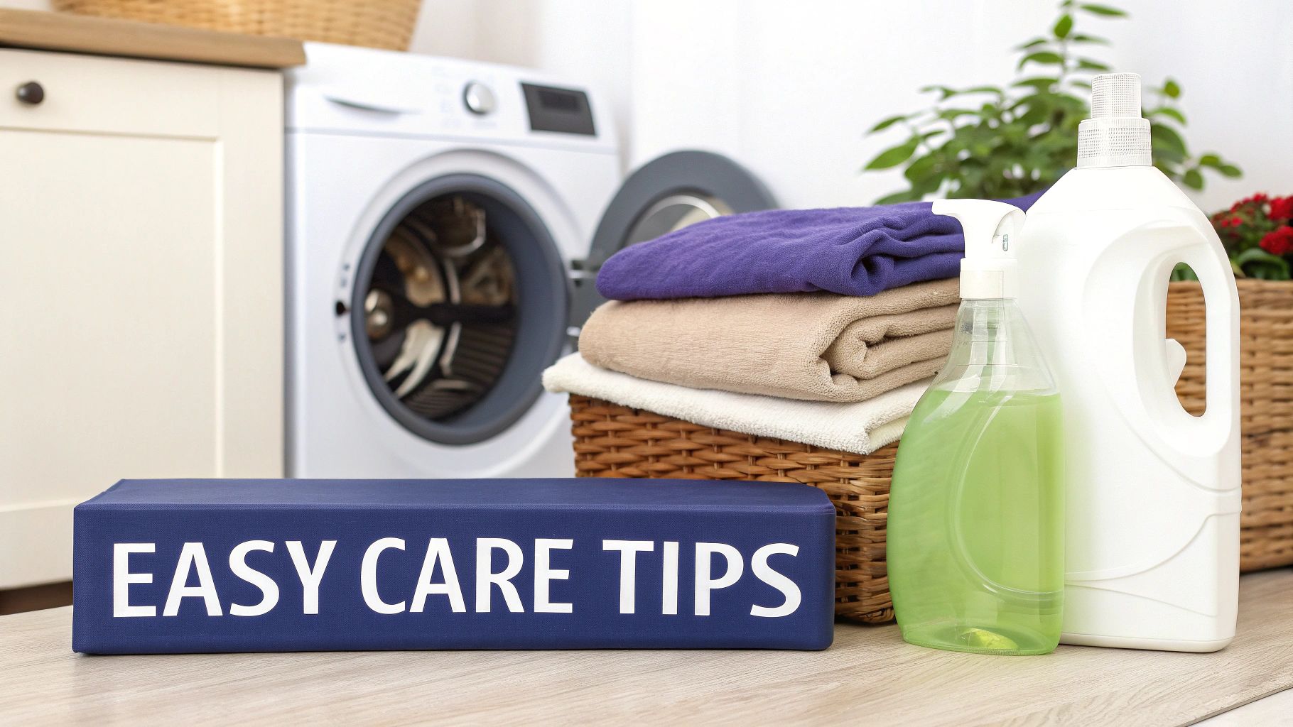 Laundry scene with a washing machine, stacked towels, laundry detergents, and an 'EASY CARE TIPS' box.