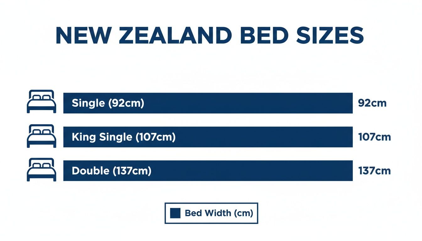 Chart illustrating New Zealand bed sizes: Single (92cm), King Single (107cm), and Double (137cm) widths.