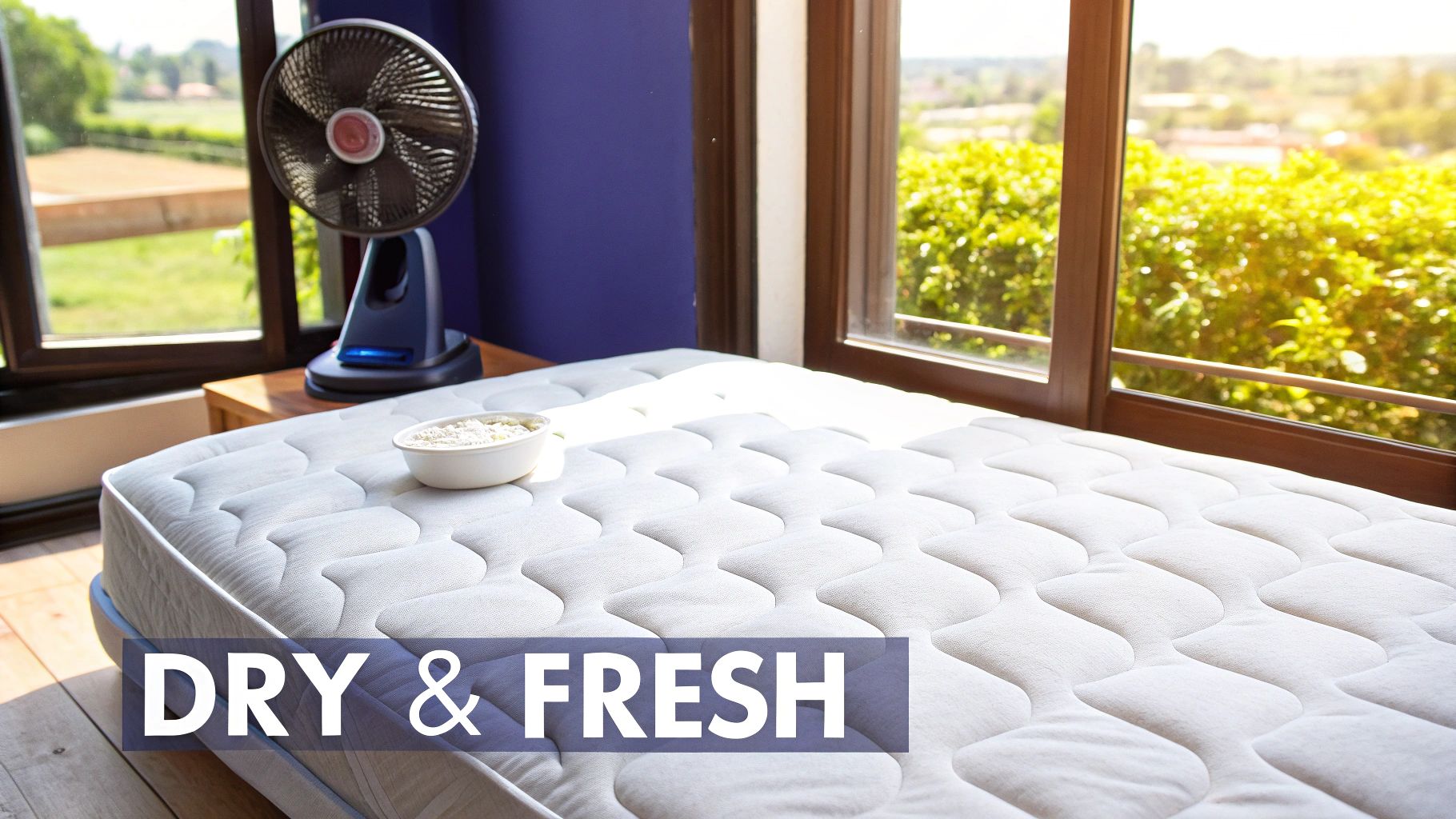 A white mattress with a bowl of cleaning powder, a fan, and sunlight through a window, with 'DRY & FRESH' text.
