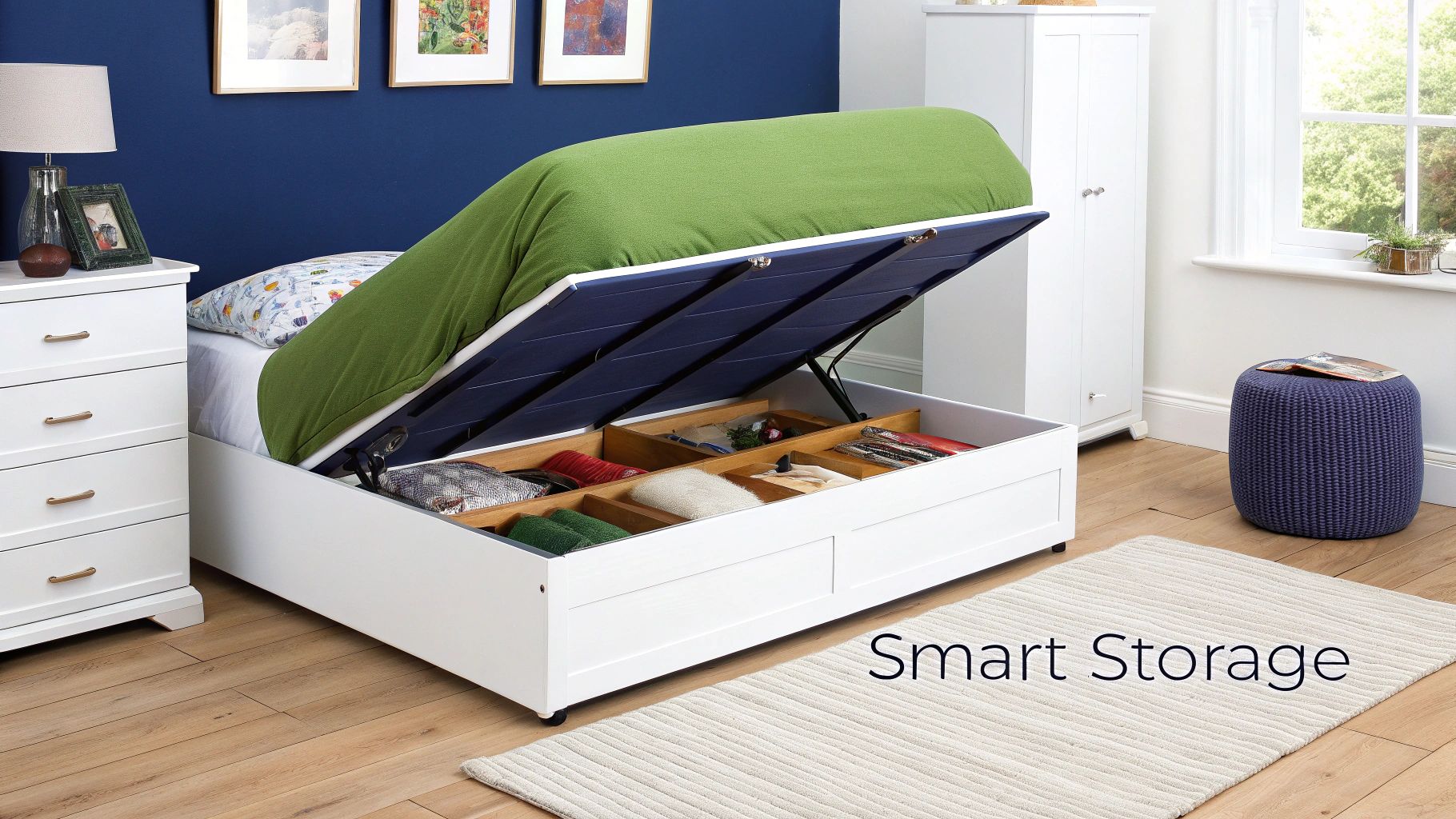 White lift-up storage bed with a green duvet, offering clever organization in a bright bedroom.