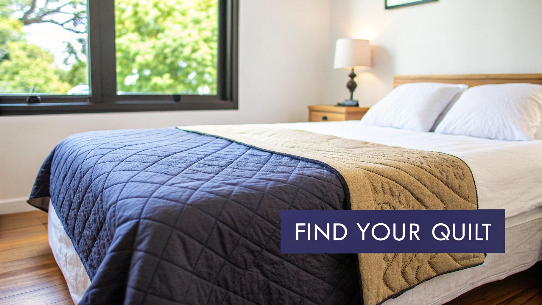 A cozy bedroom with a bed featuring a dark blue and tan quilted bedspread, beside a window overlooking trees.