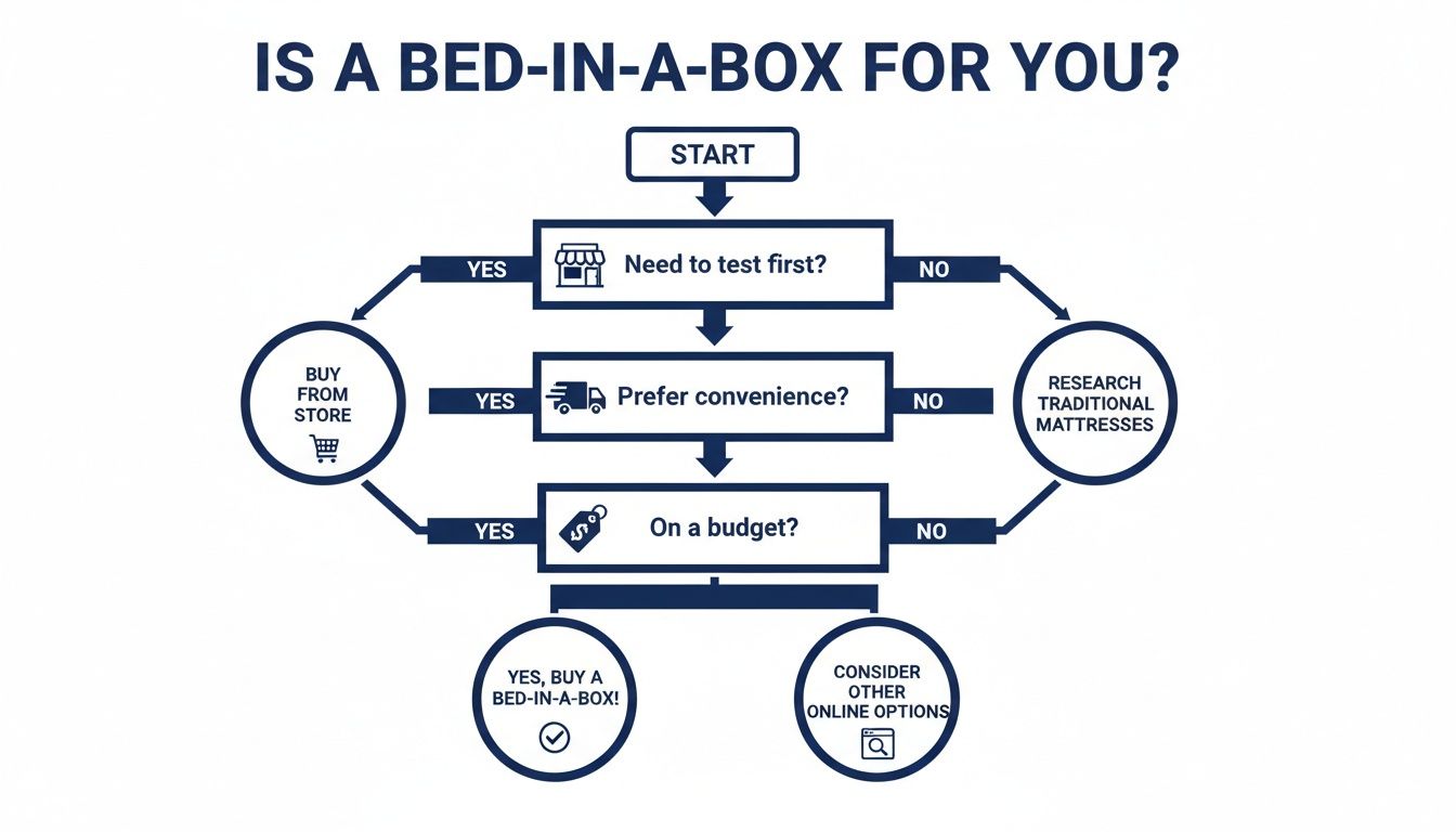 Flowchart helps decide if a bed-in-a-box mattress is right, based on testing, convenience, and budget.