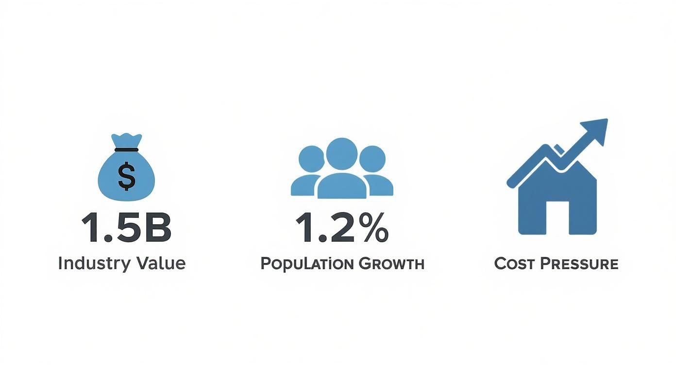 Infographic showing NZ furniture market data with icons for industry value, population growth, and cost pressure.