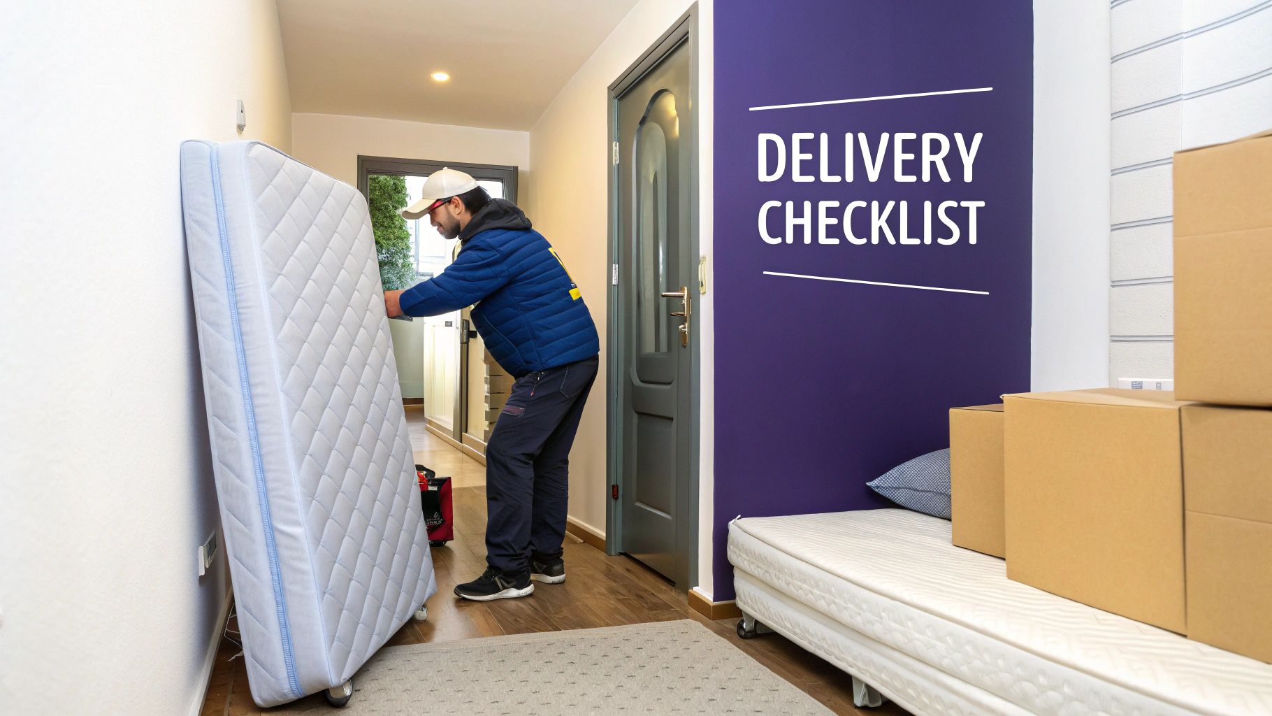 Delivery person carefully moving a large white mattress into a room with other mattresses and boxes.