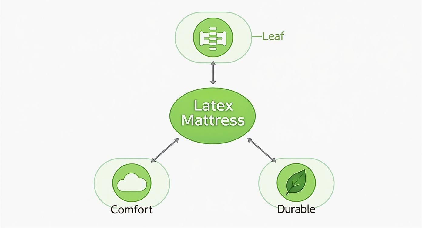 Diagram showing latex mattress benefits including leaf structure, comfort and durable features in green icons