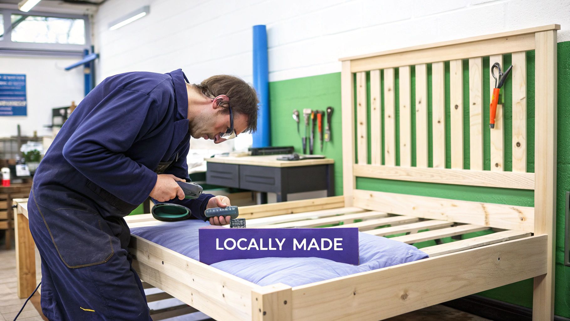 A worker assembling a locally made wooden bed frame in a workshop, emphasizing craftsmanship.
