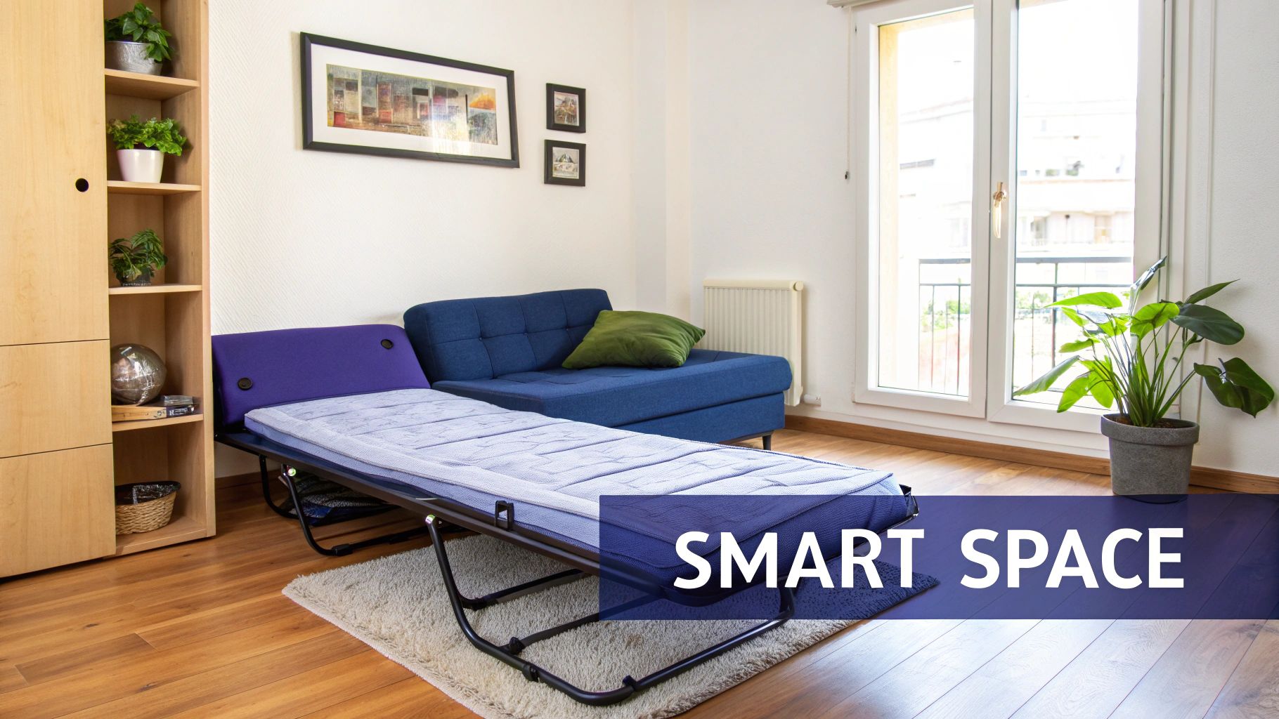 A modern living room featuring a blue sofa, wooden shelf, and a deployed folding bed for guests.