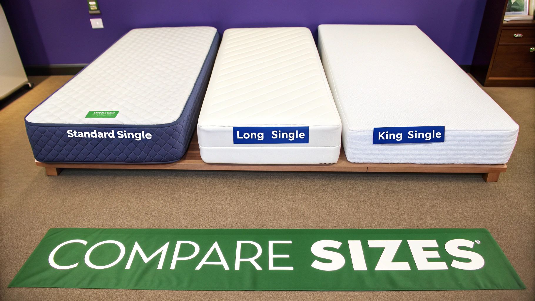 A world map with lines connecting New Zealand to the US, UK, and Australia, indicating mattress size comparisons.