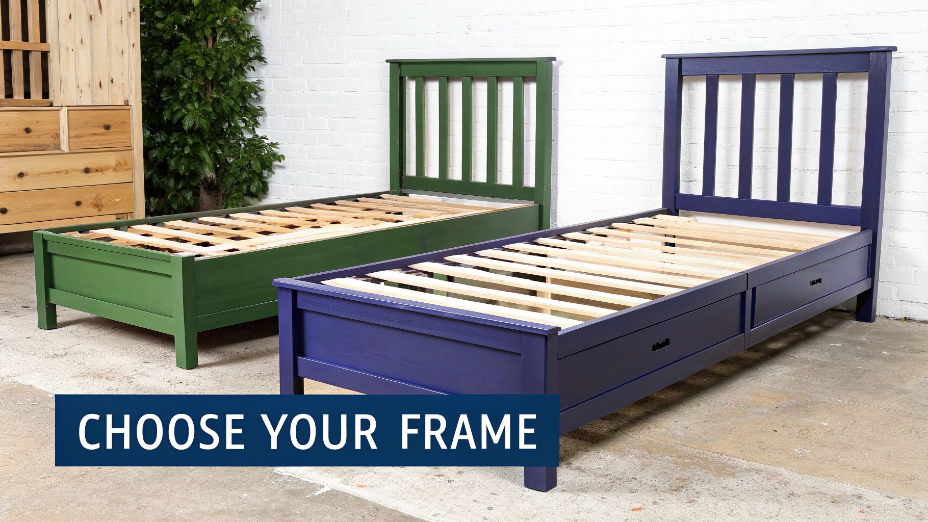 A stylish single bed frame with a wooden headboard in a well-lit bedroom.