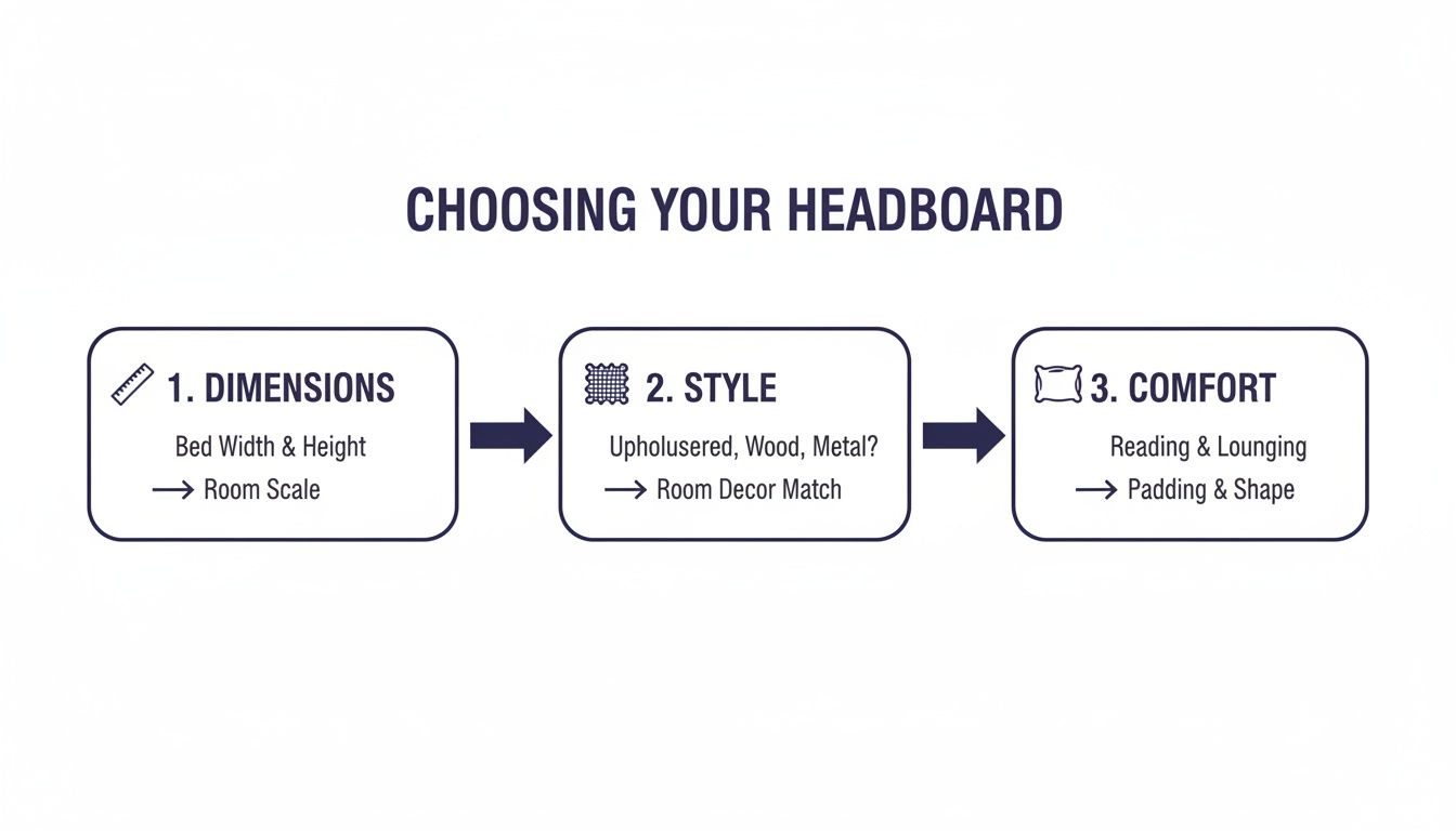 A diagram outlining three steps for choosing a headboard: dimensions, style, and comfort.