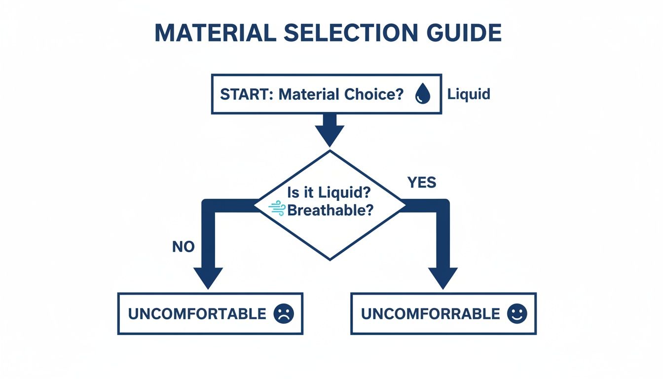 Flowchart on material selection based on liquid and breathability, showing comfortable and uncomfortable outcomes.
