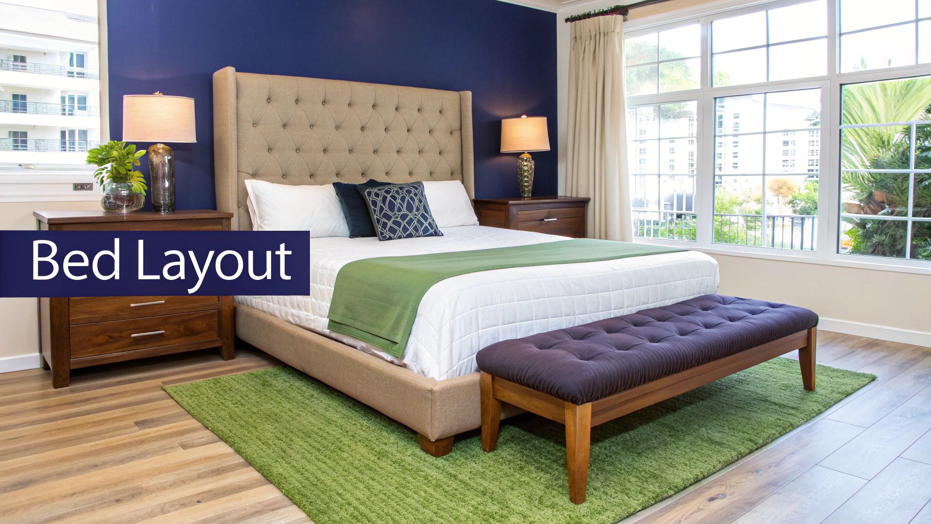 Stylish bedroom layout with a king size bed and balanced furniture arrangement.