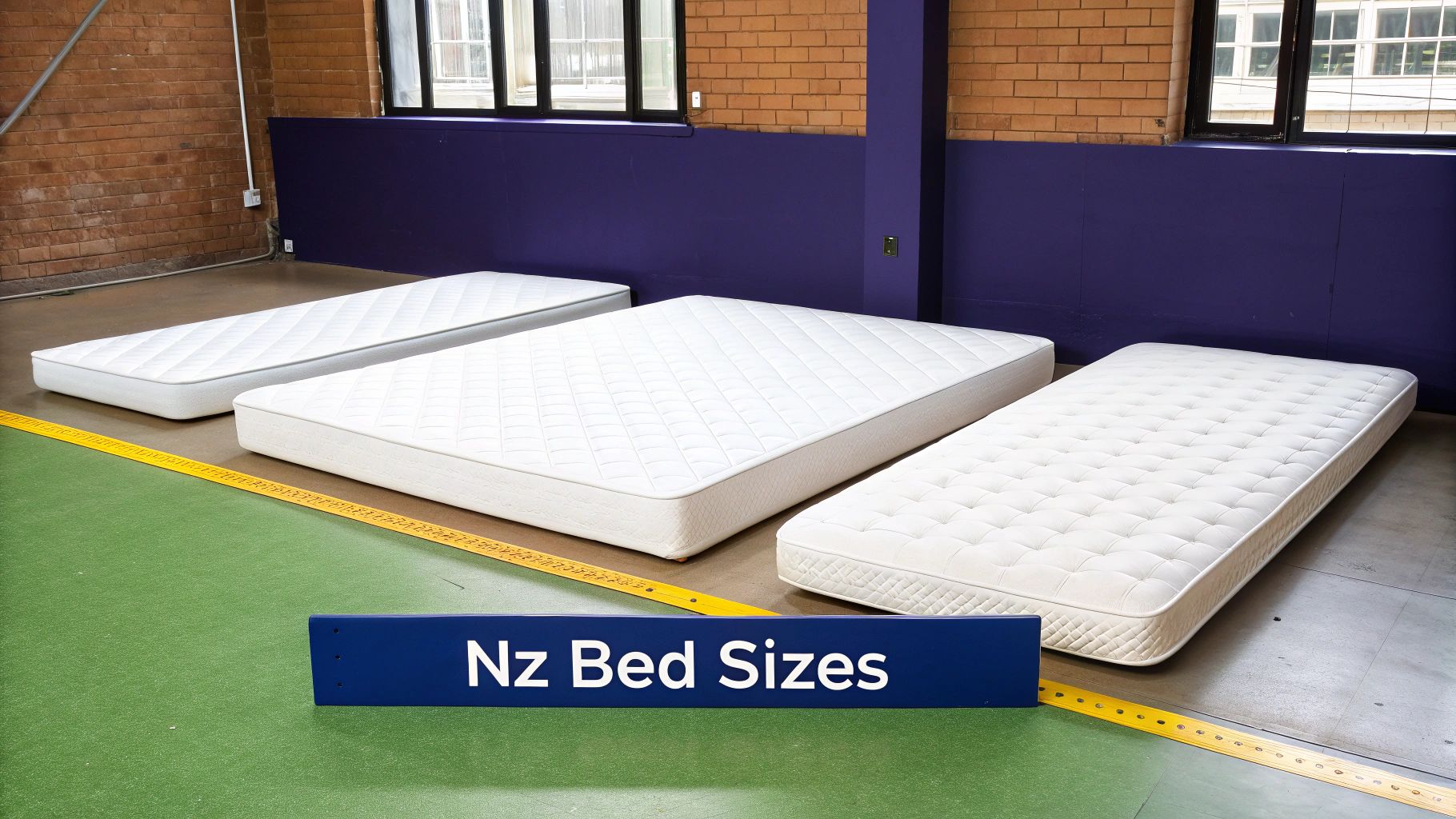 Three white mattresses of different sizes are laid out on a floor with a “Nz Bed Sizes” sign.