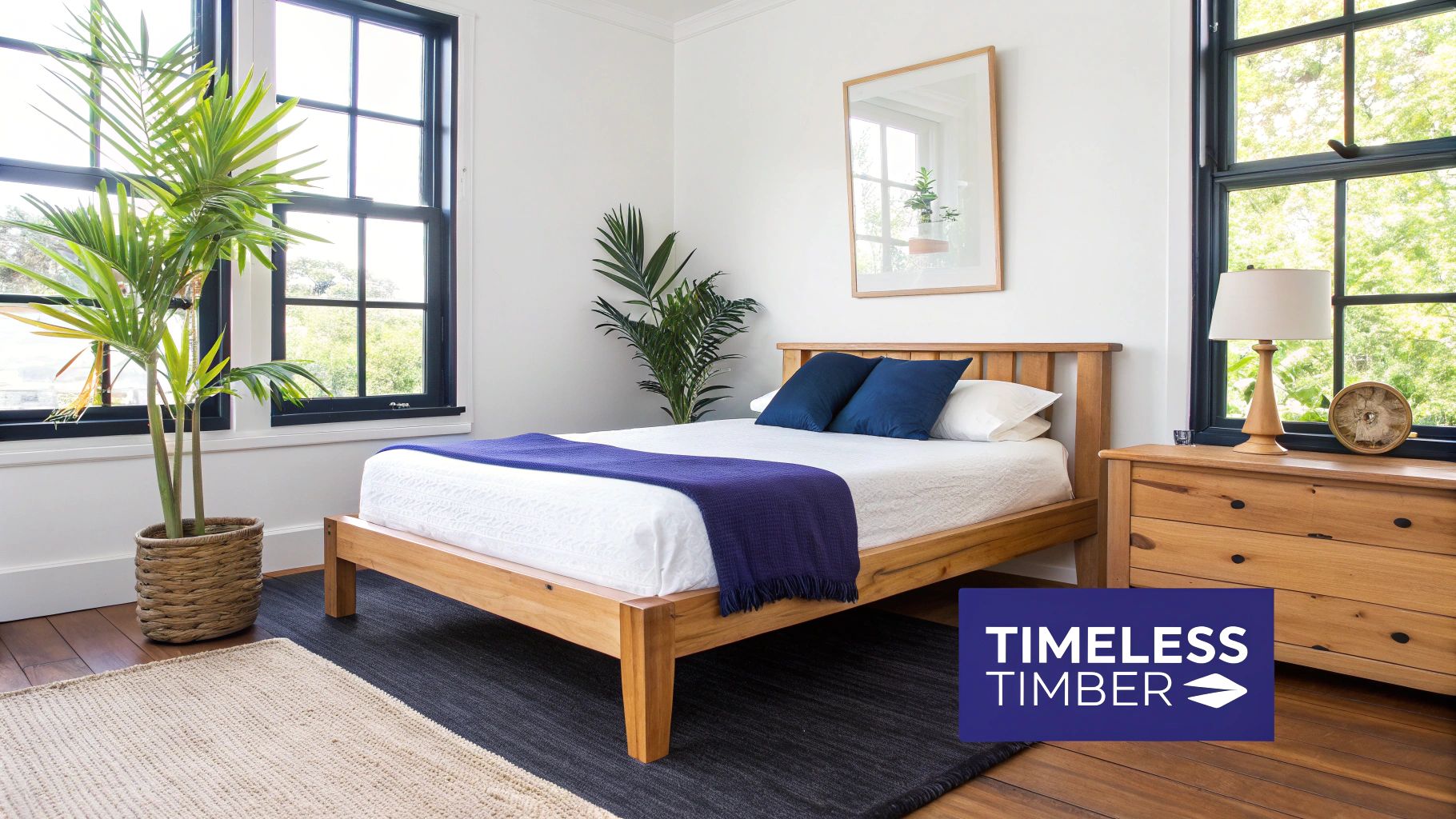 A bright bedroom features a light wooden bed frame with white bedding, blue accents, and plants.
