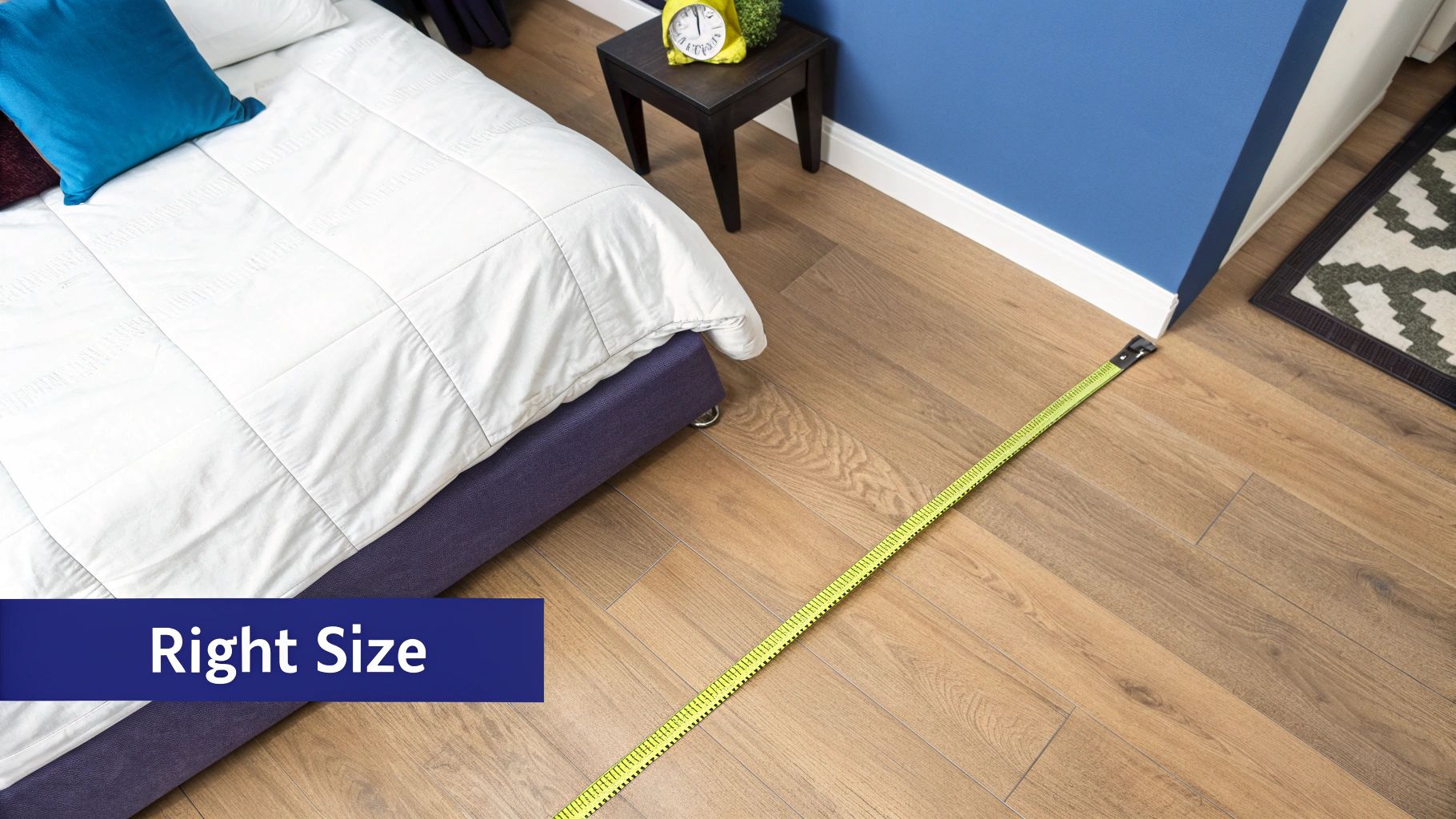 Measuring tape on wooden bedroom floor next to a bed and a blue wall, indicating room size.