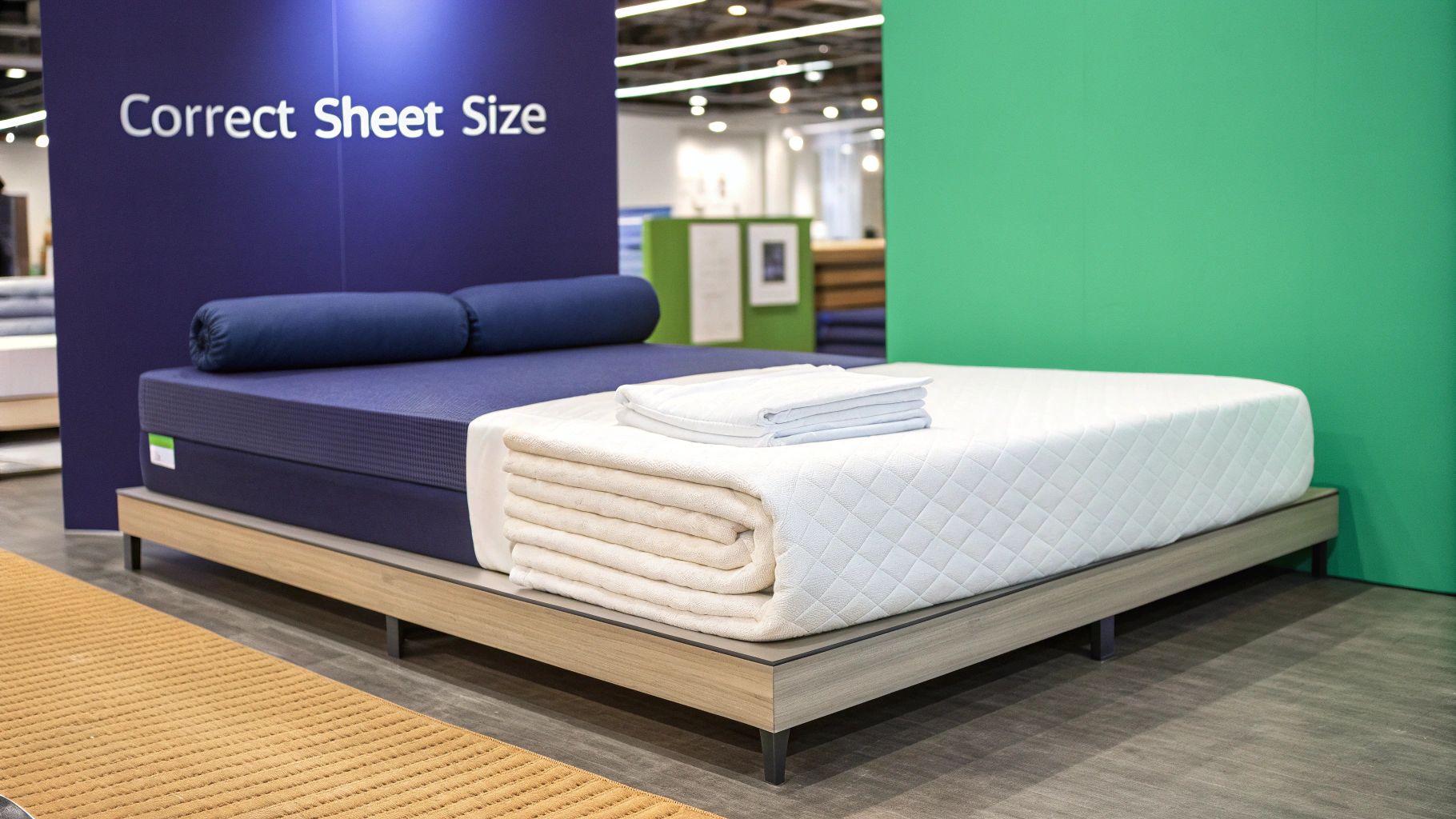 A display bed showcasing two mattress types, one blue with bolsters, one white, with linens, illustrating correct sheet size.