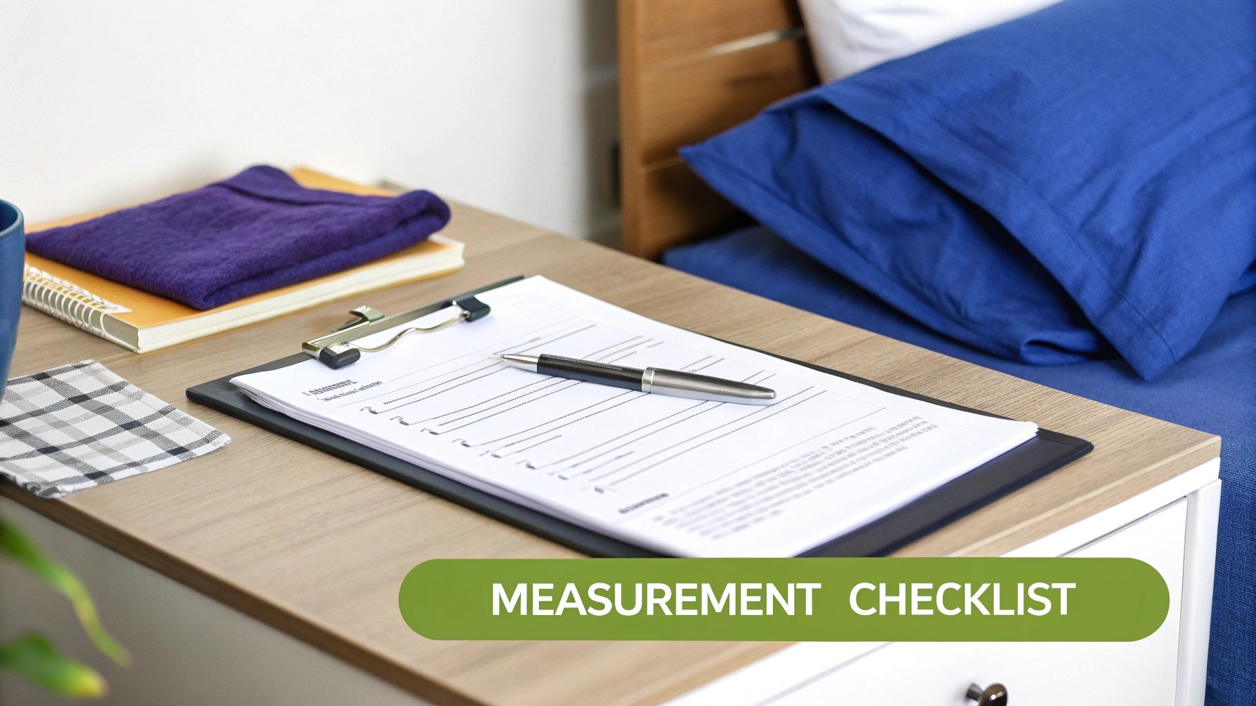 A detailed measurement checklist on a clipboard with a pen, notebook, and purple fabric on a bedside table.