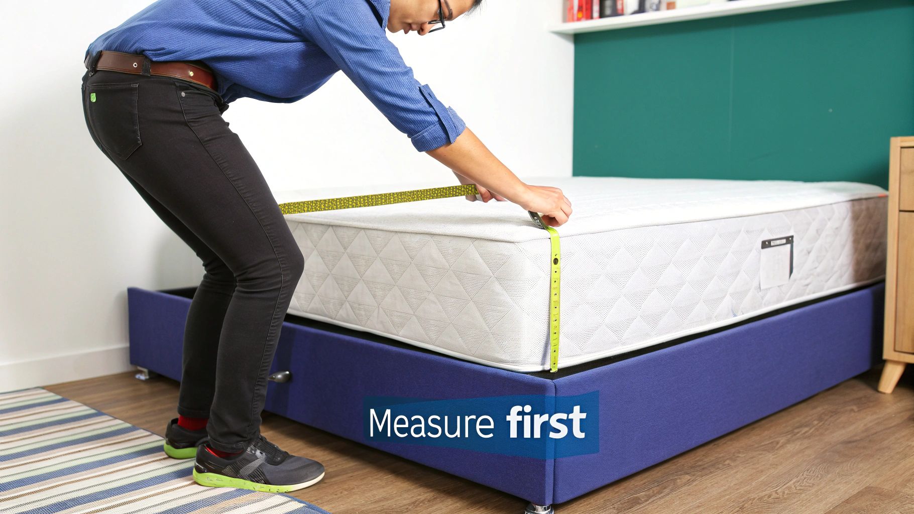 A person uses a yellow tape measure to check the dimensions of a white mattress on a blue storage bed.