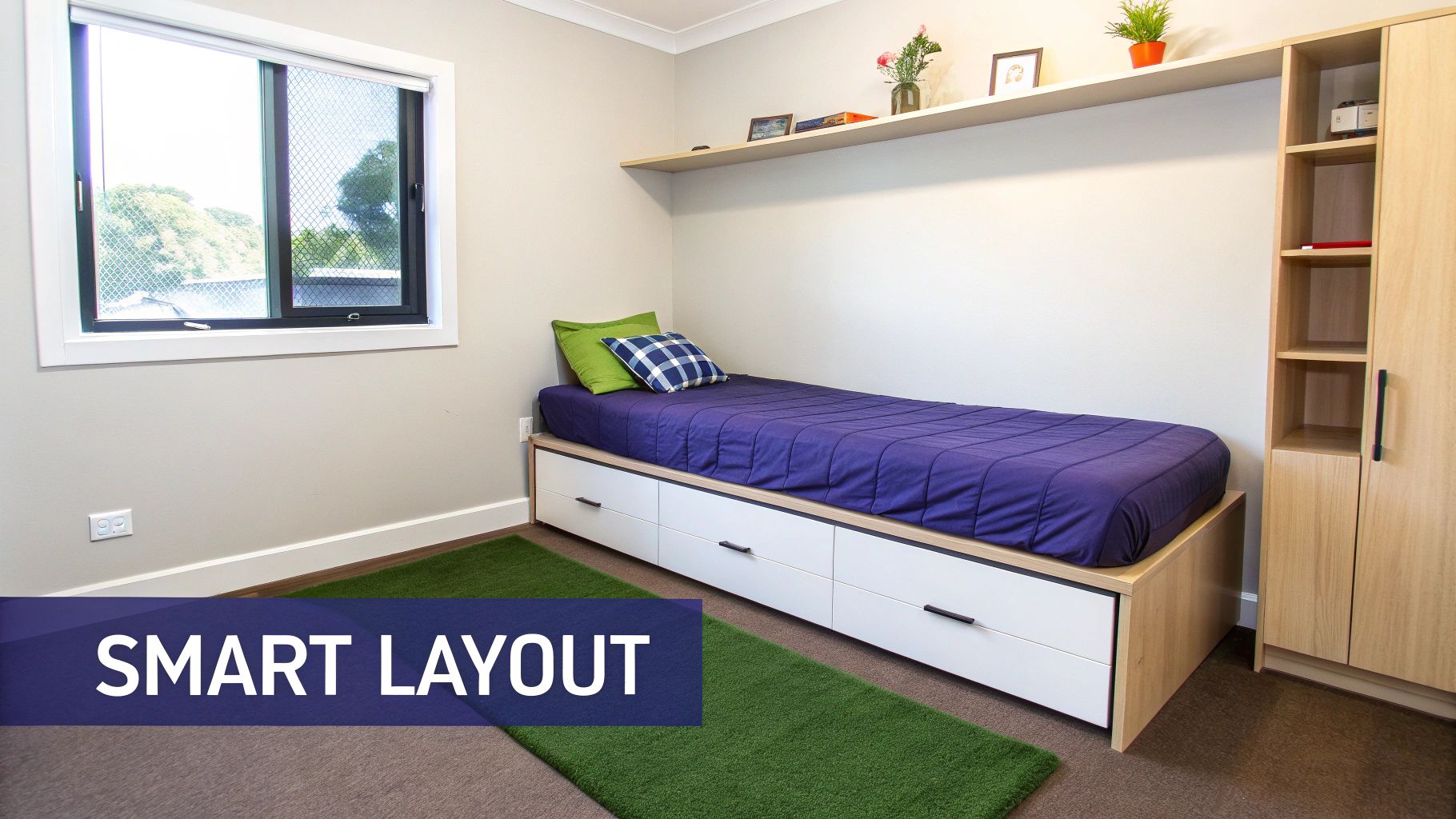 A compact single bedroom featuring a bed with under-bed storage, a floating shelf, and a built-in wardrobe.