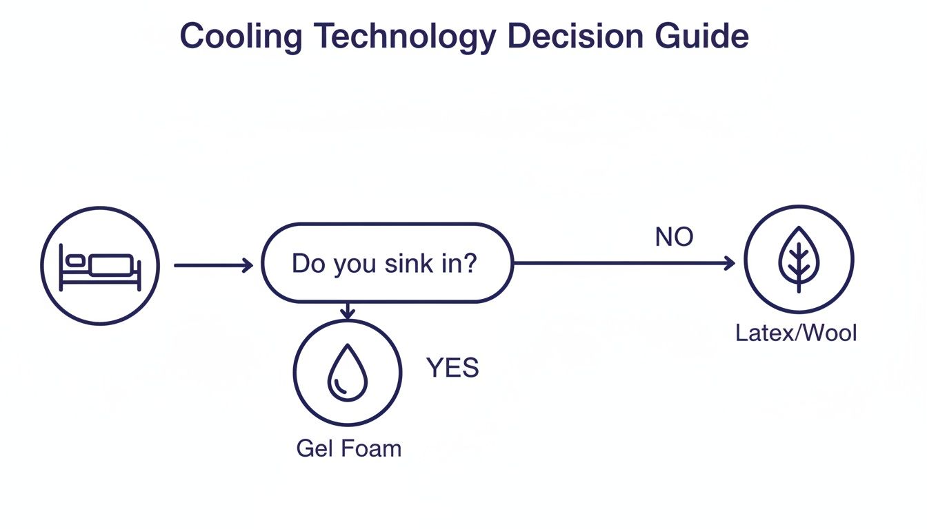 Flowchart titled 'Cooling Technology Decision Guide' helping users choose between Gel Foam and Latex/Wool based on sinking.
