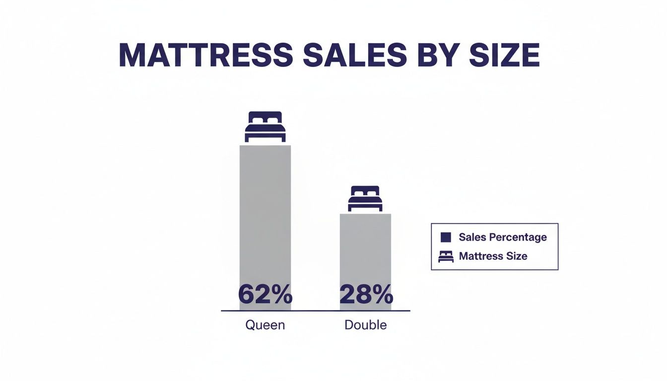 Bar chart showing mattress sales by size, with Queen at 62% and Double at 28%.