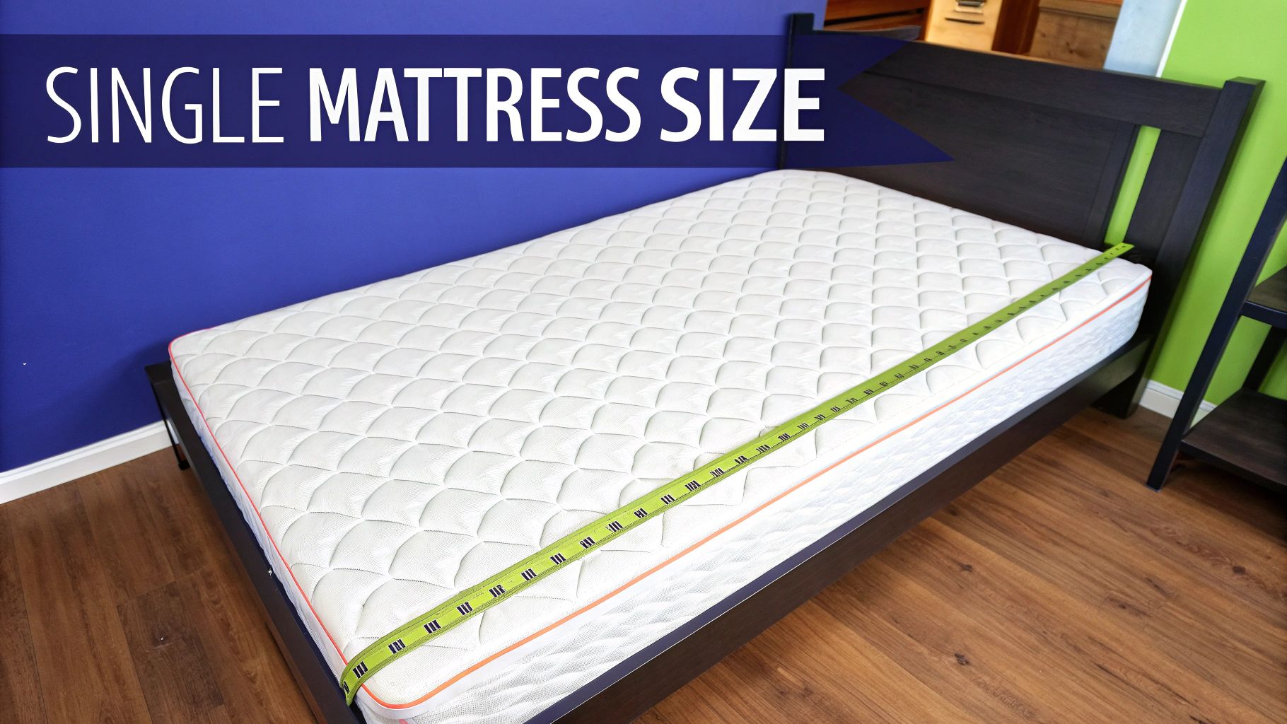 Measuring the length of a white single mattress on a bed frame, highlighting its size.