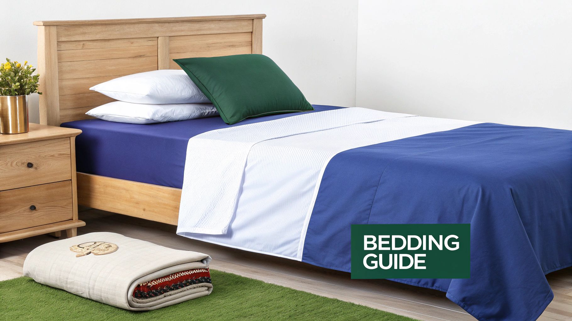 A neatly made king single bed with perfectly fitting sheets and a duvet