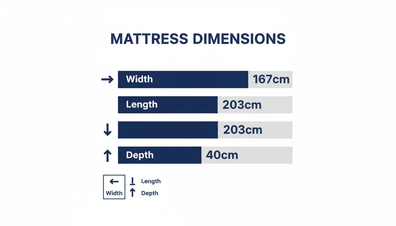 Infographic displaying mattress dimensions: 167cm width, 203cm length, and 40cm depth, with explanatory arrows.