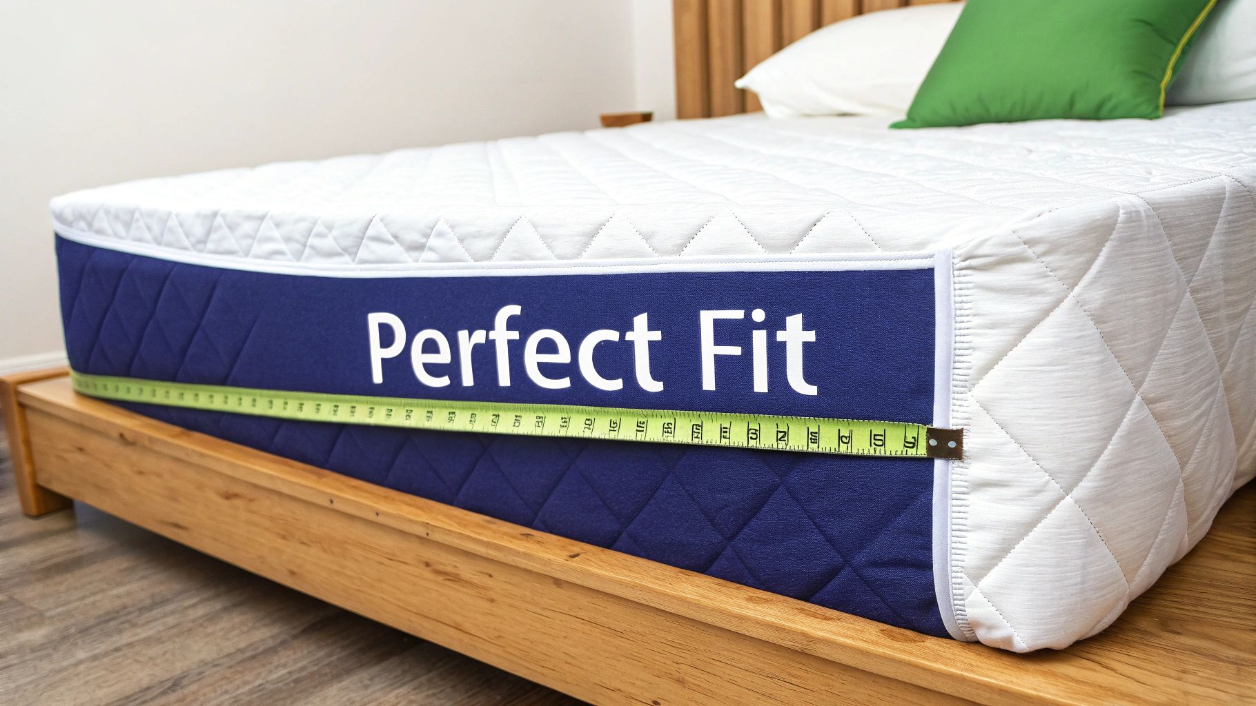 A blue and white quilted mattress with 'Perfect Fit' text, measured by a green tape on a wooden bed.