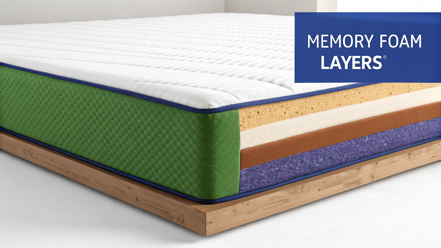 Cutaway view of a multi-layered memory foam mattress, revealing different colored foam layers inside.