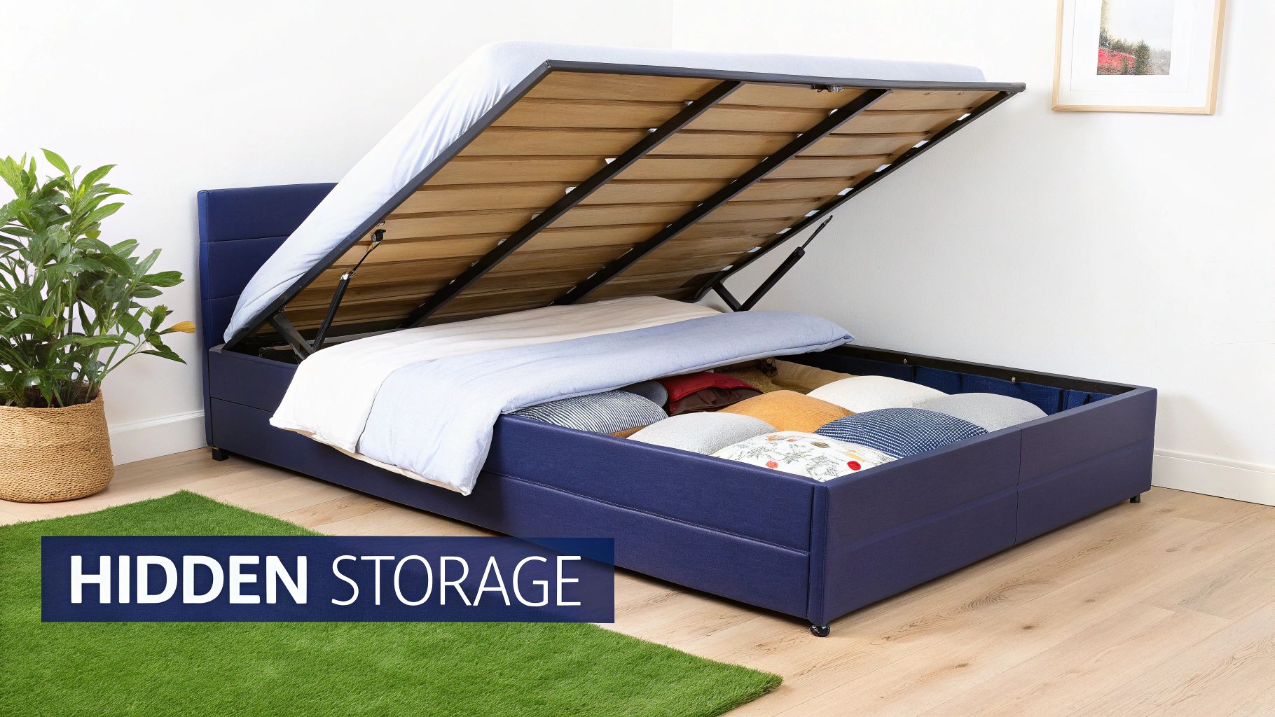 A blue gas lift bed with hidden storage open, revealing pillows and bedding inside.