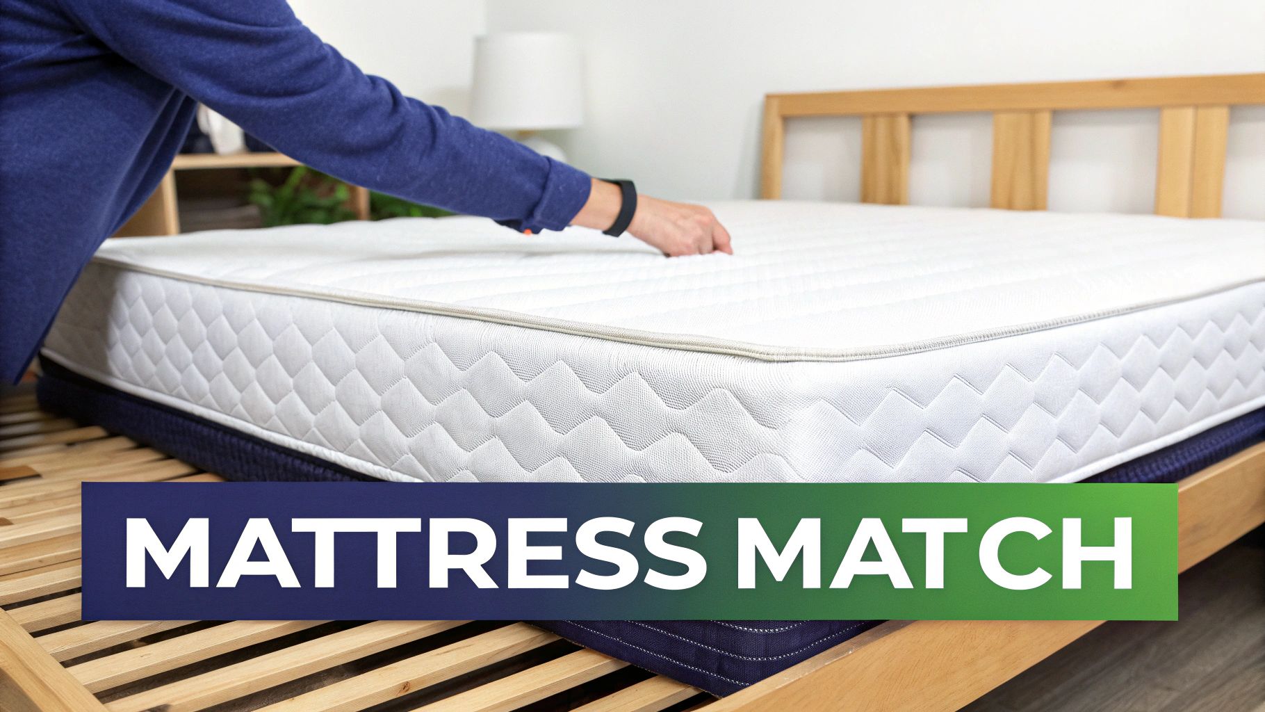A person's hand presses down on a new white mattress being placed on a wooden slat bed frame.