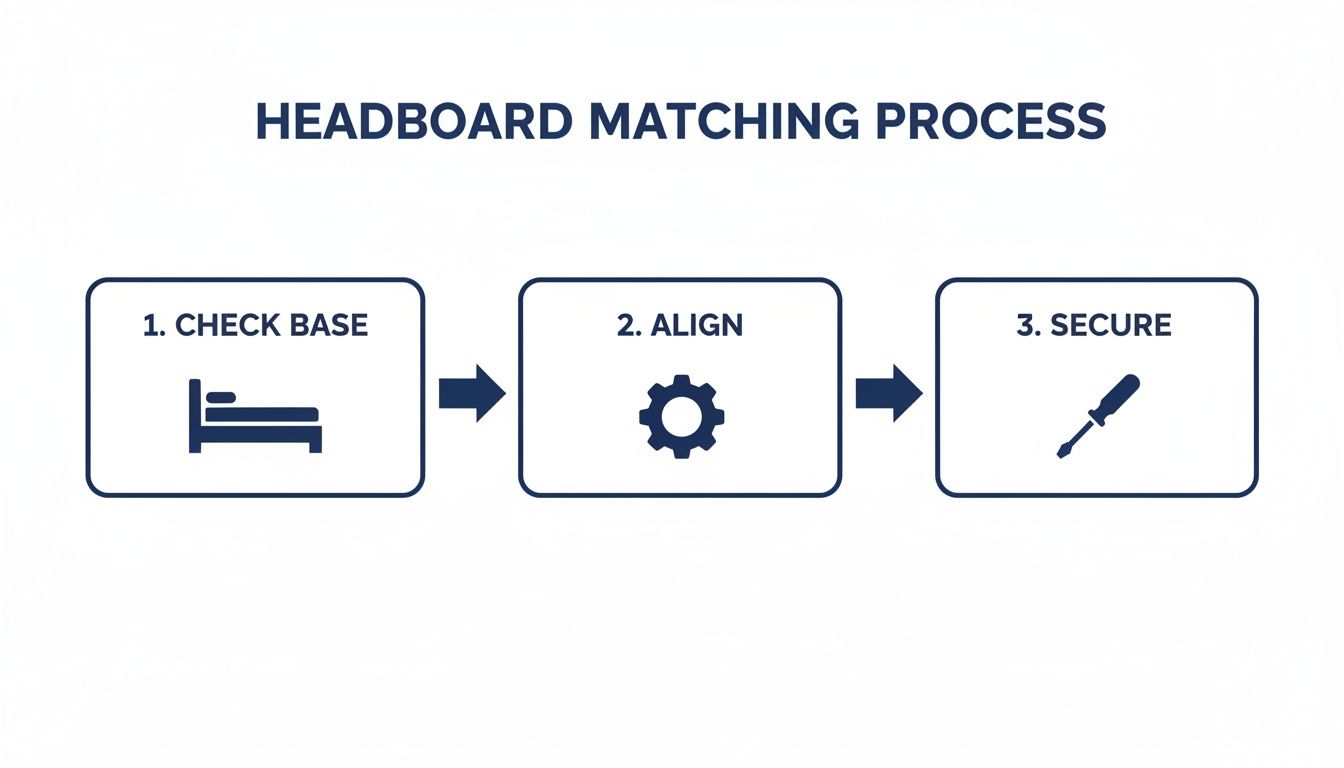 A three-step diagram illustrating the process to check, align, and secure a headboard.