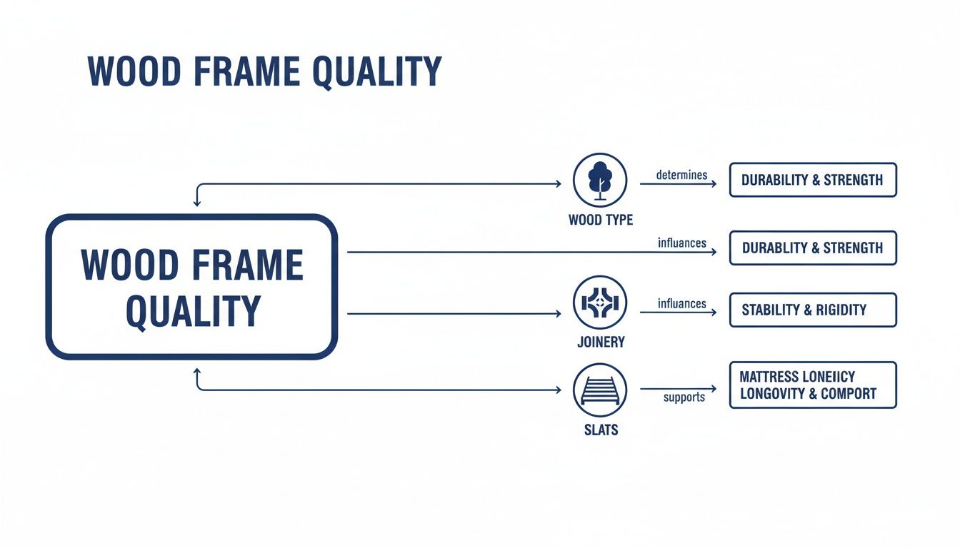 Flowchart illustrating factors impacting wood frame quality: wood type, joinery, and slats.