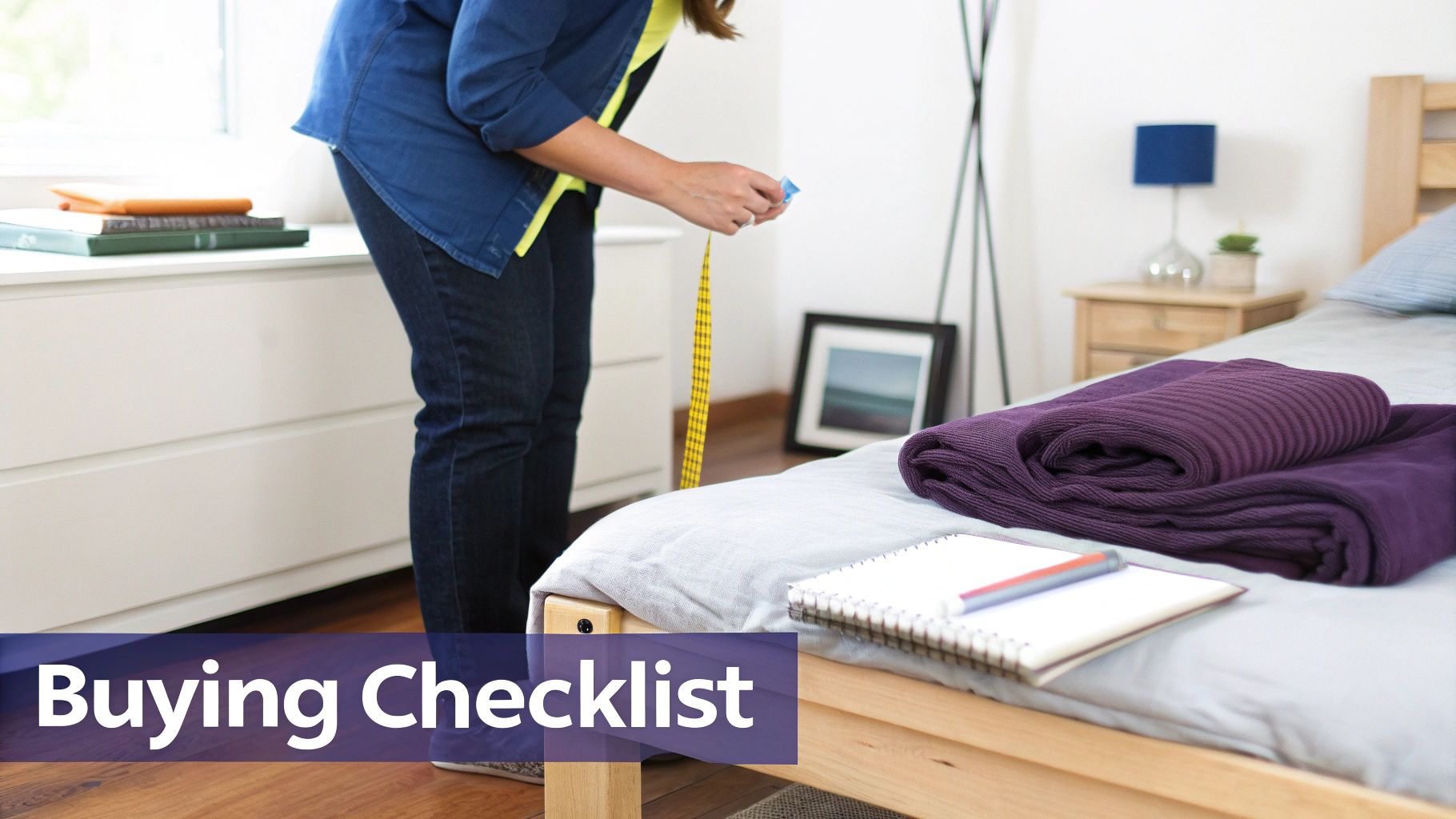 Person measuring with a tape measure in a bedroom, a checklist and purple blanket on the bed.