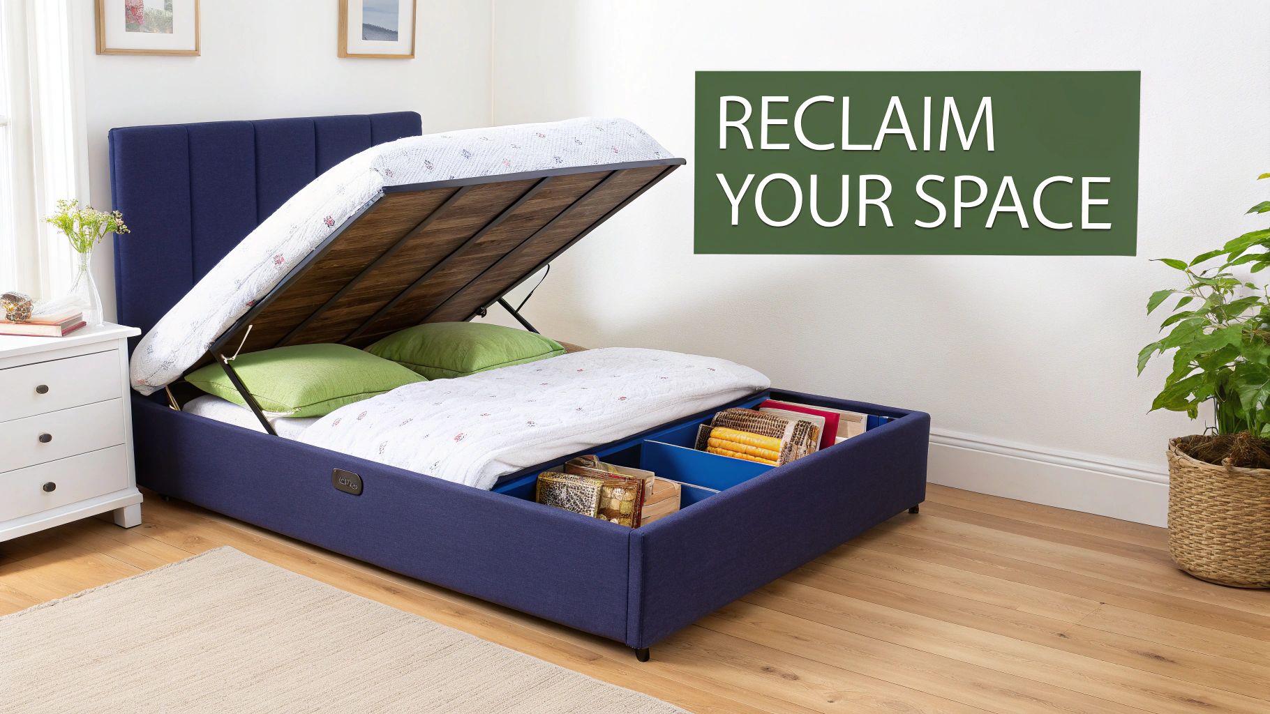 A blue ottoman storage bed with the mattress lifted, revealing organized internal storage compartments.